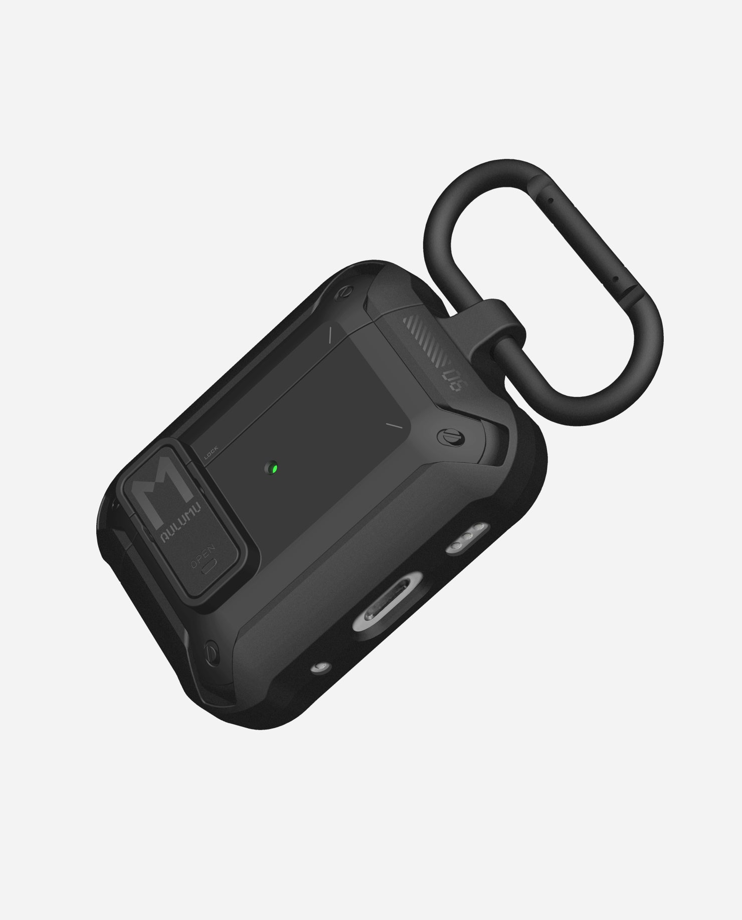 Three-quarter view of AULUMU A19 AirPods Pro case with lock and metal keychain attached