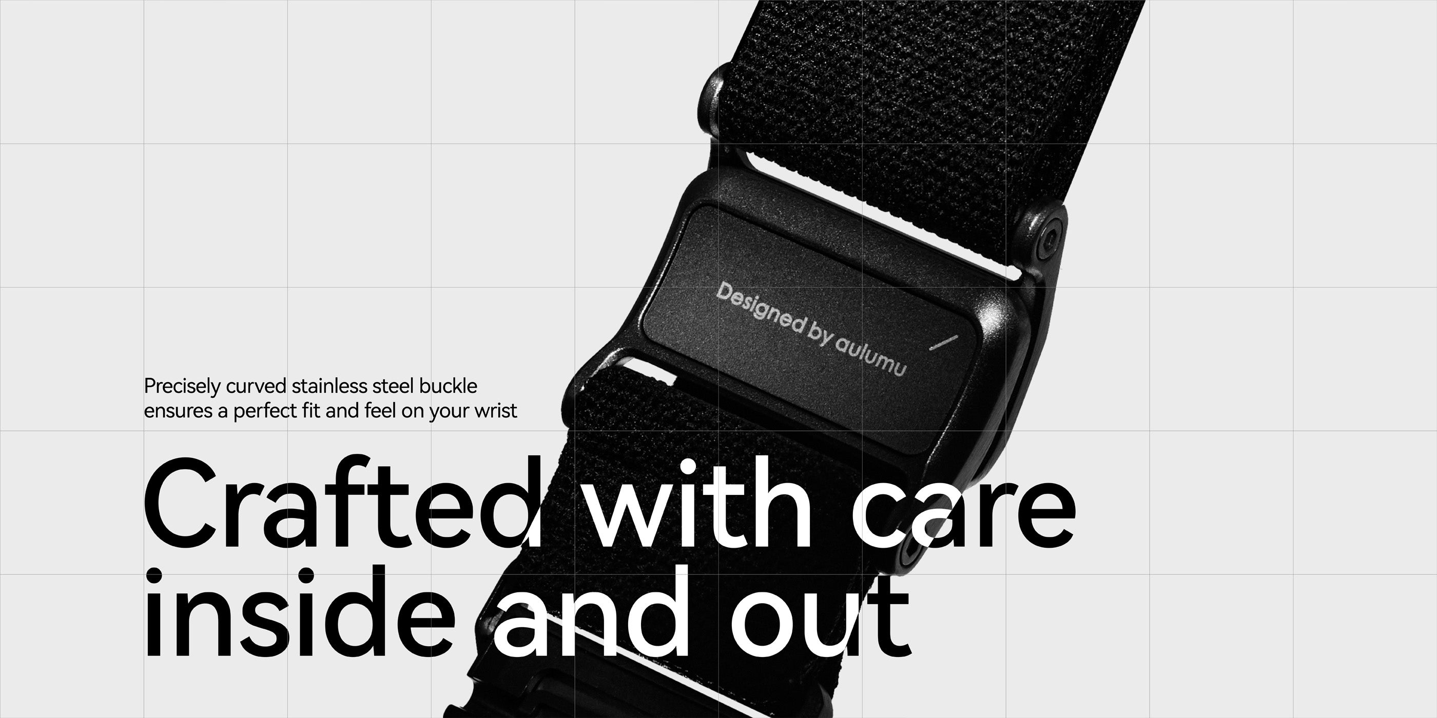 Back view of AULUMU C11 Slim Band buckle showing curved stainless steel clasp and woven strap
