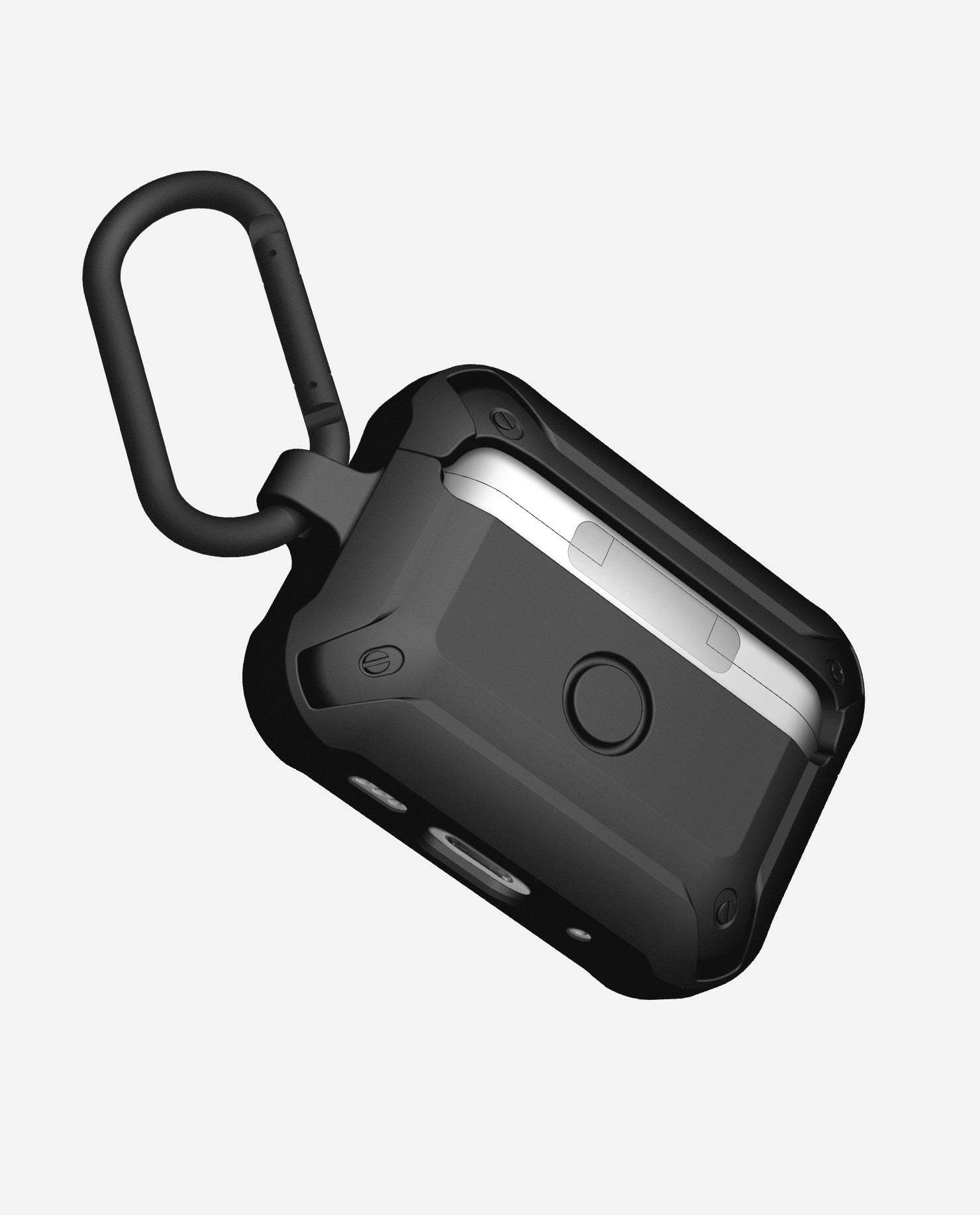 Back and bottom view of AULUMU A19 AirPods Pro case showing pairing button and charging port opening