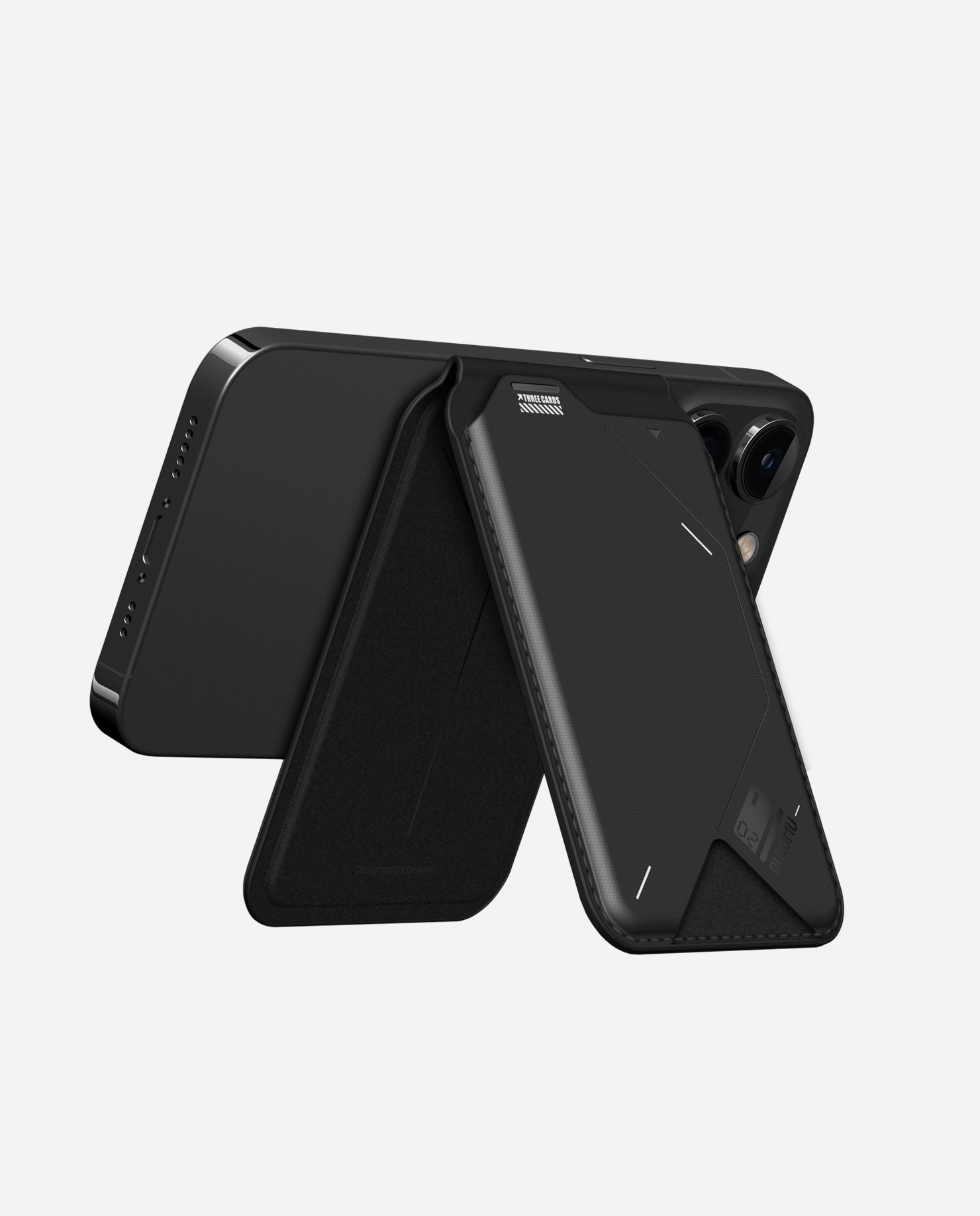 AULUMU G02 Magnetic Flip Wallet folded into a triangle kickstand behind an iPhone for hands-free viewing.