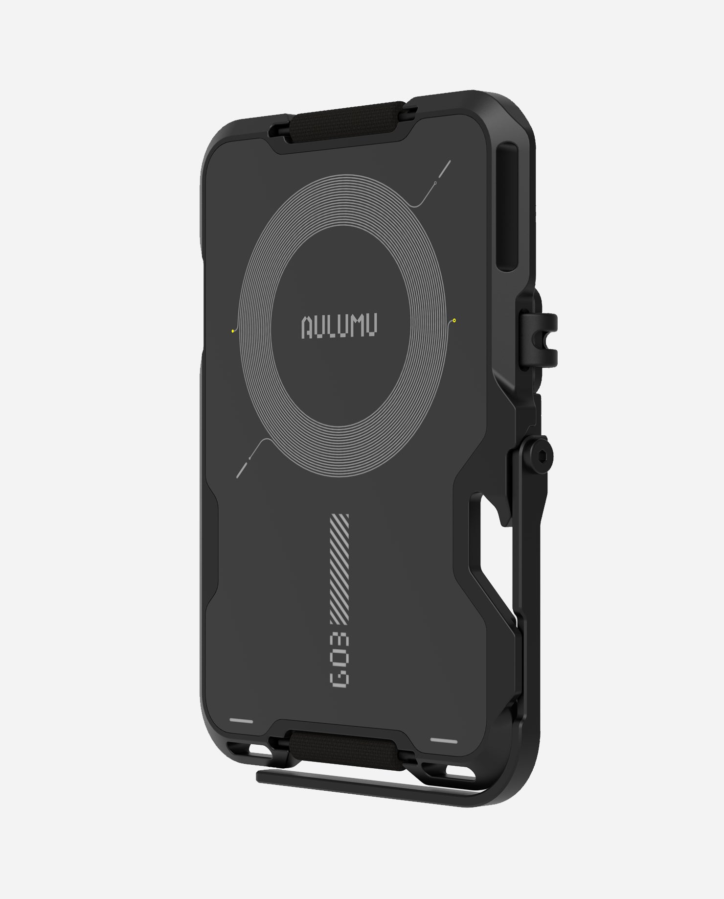 Angled rear view of the AULUMU G03 carbon fiber MagSafe wallet with circular magnet graphic