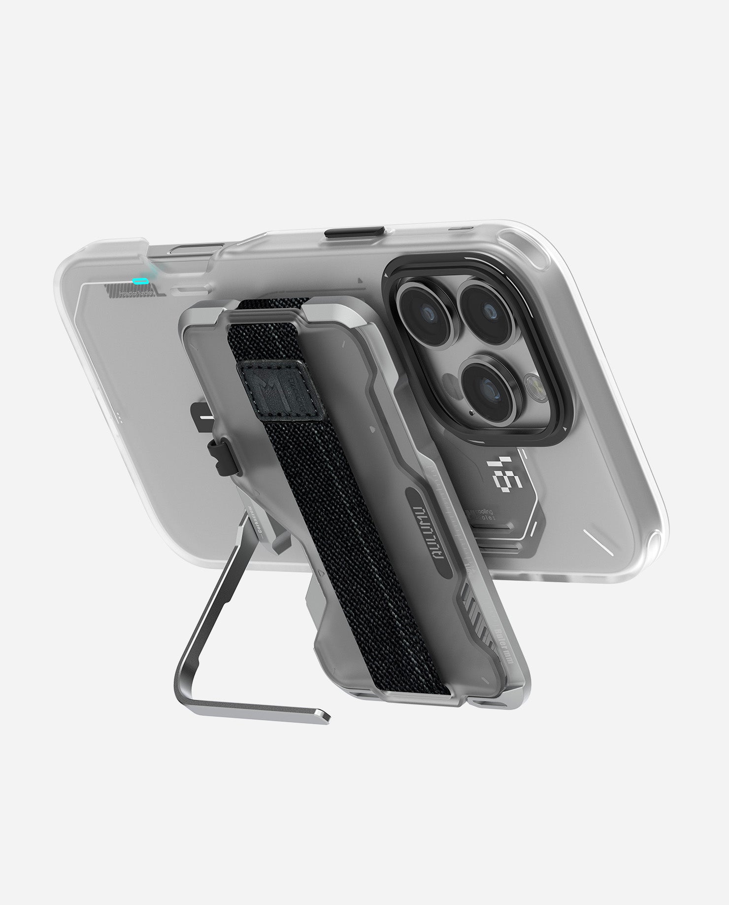 iPhone in horizontal viewing position resting on the AULUMU G03 magnetic wallet kickstand