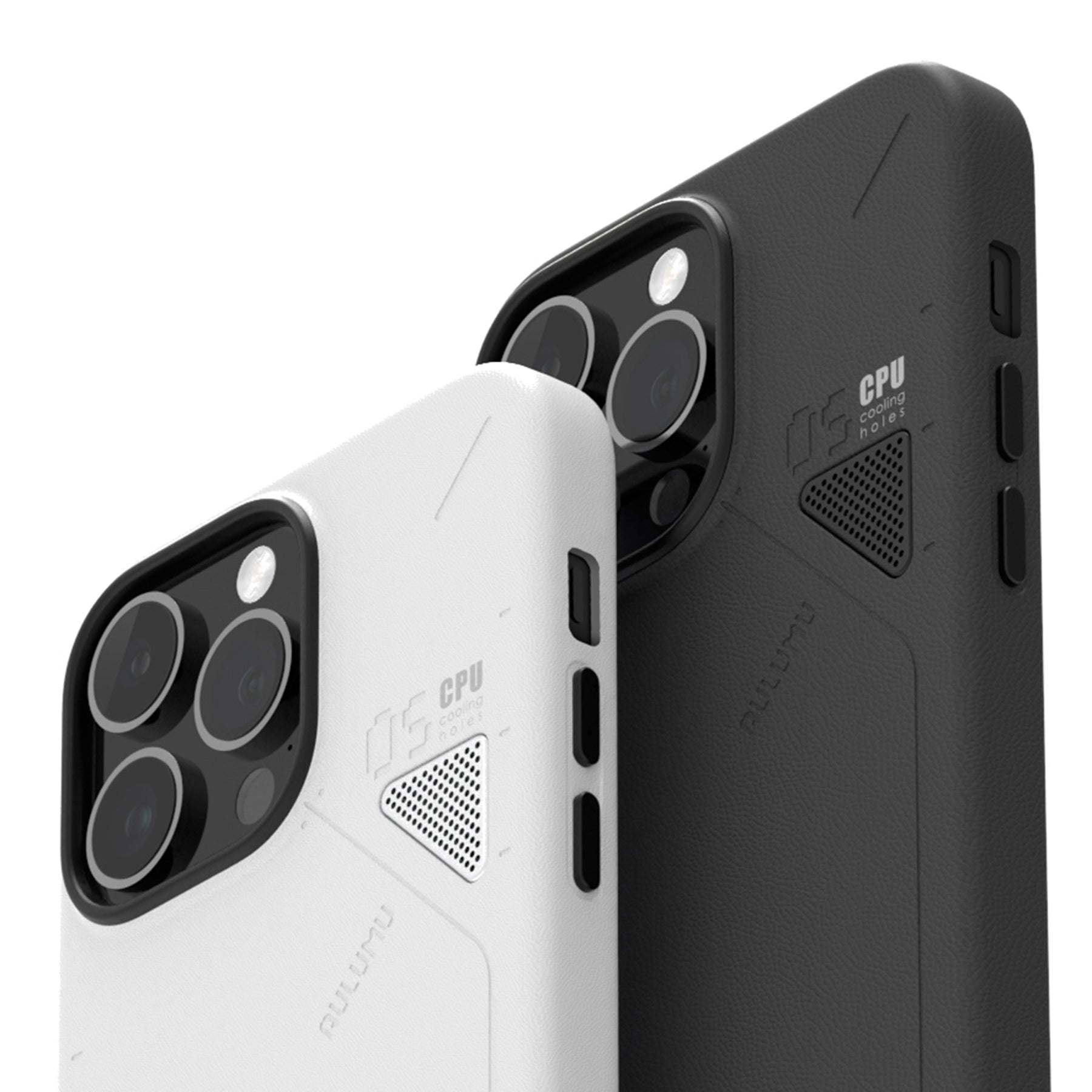 Close-up of camera area on black and white AULUMU A05 vegan leather cases with CPU cooling window detail