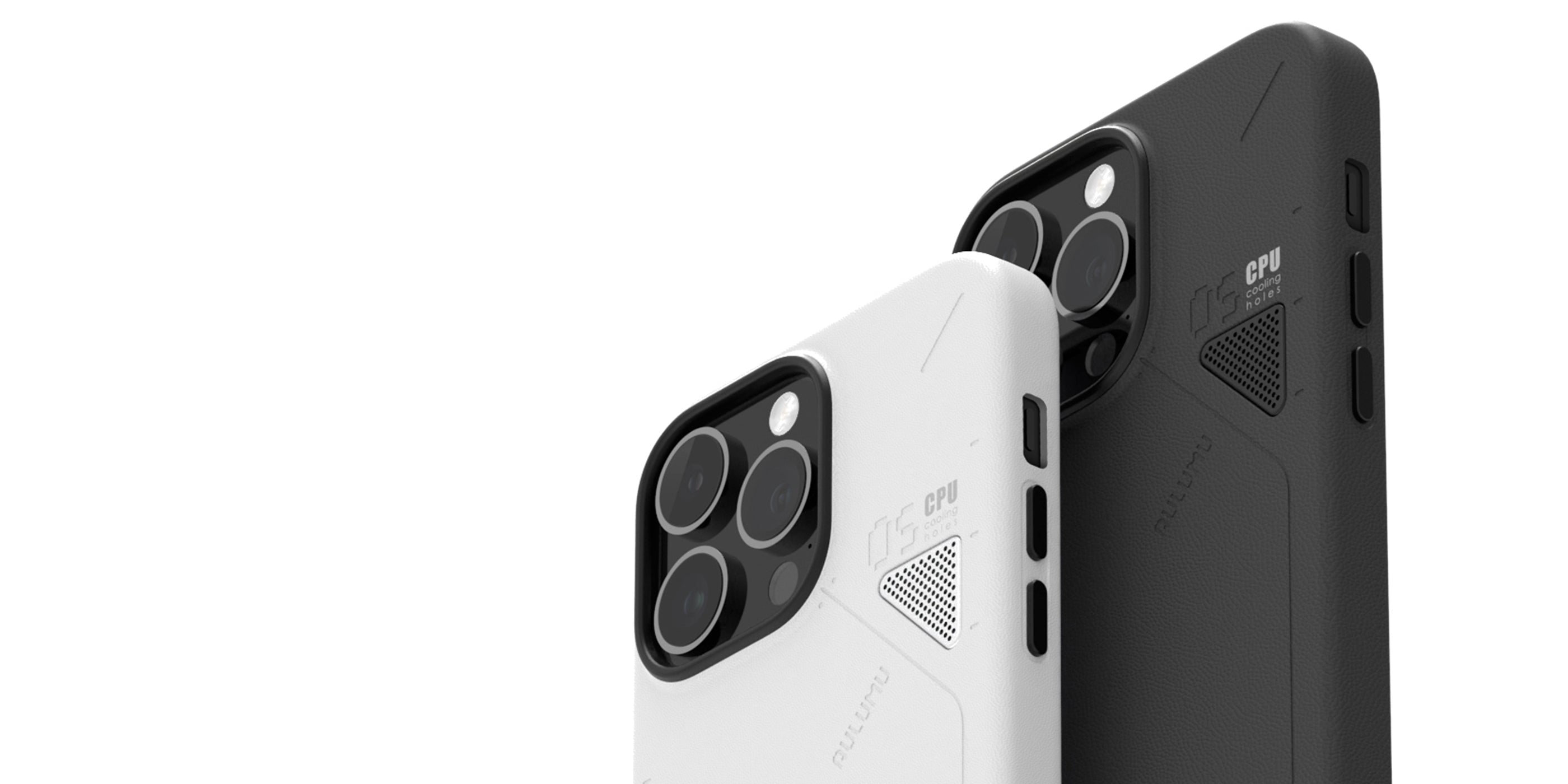 Black and white AULUMU A05 vegan leather cases for iPhone 14 Pro standing side by side highlighting color options