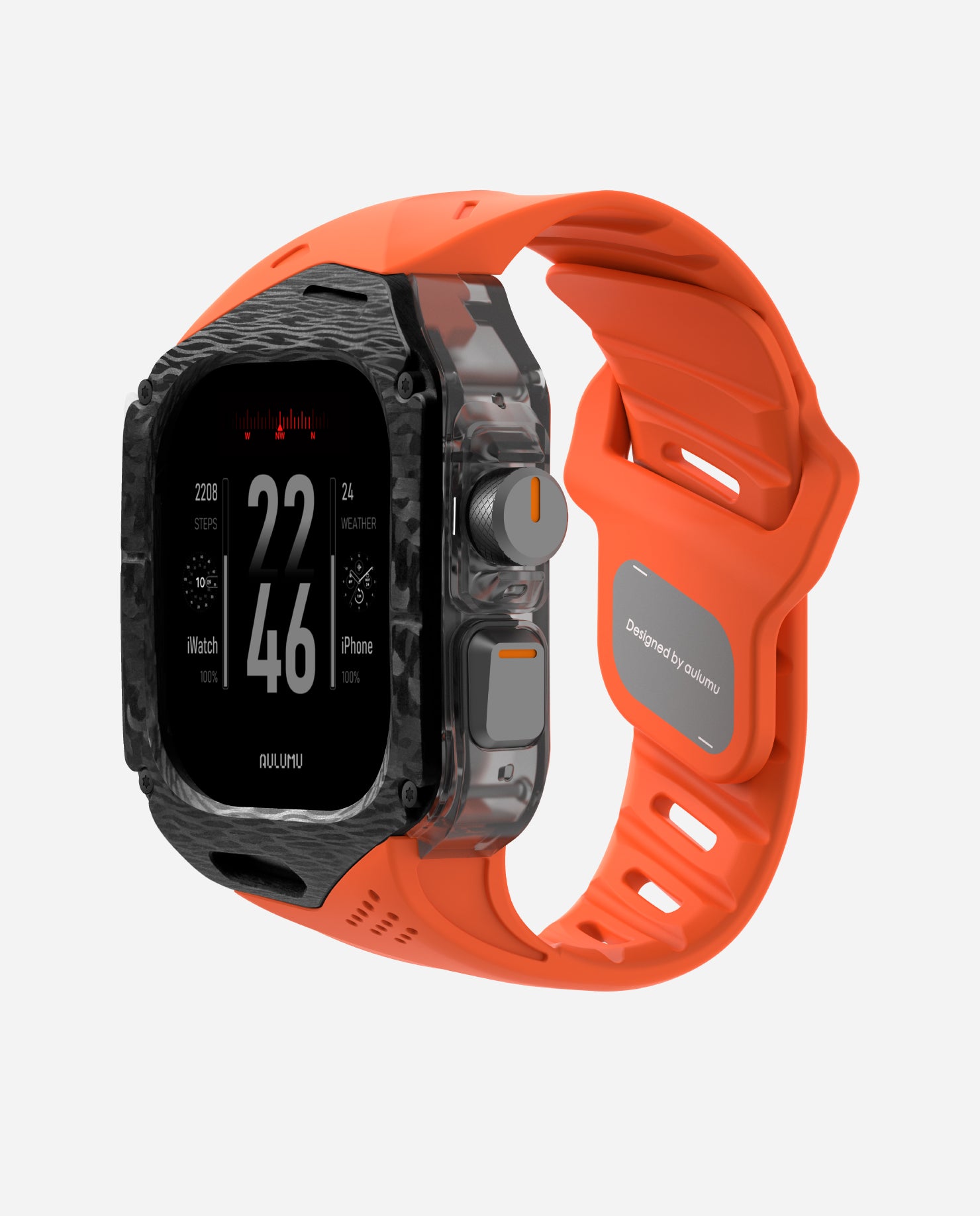 AULUMU A01 carbon fiber case with orange FKM band for Apple Watch Ultra 1–3, three-quarter front view.