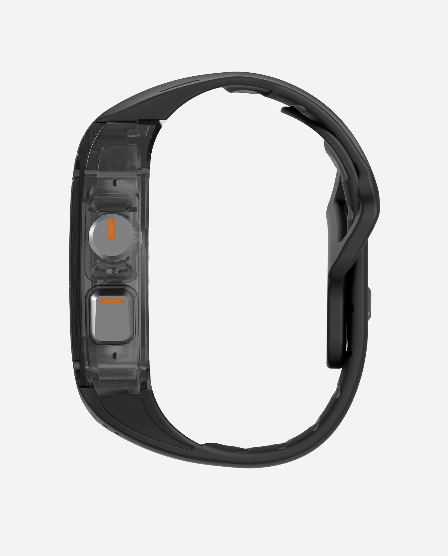 Side profile of AULUMU A01 carbon fiber Apple Watch Ultra case with black FKM band, showing slim silhouette.