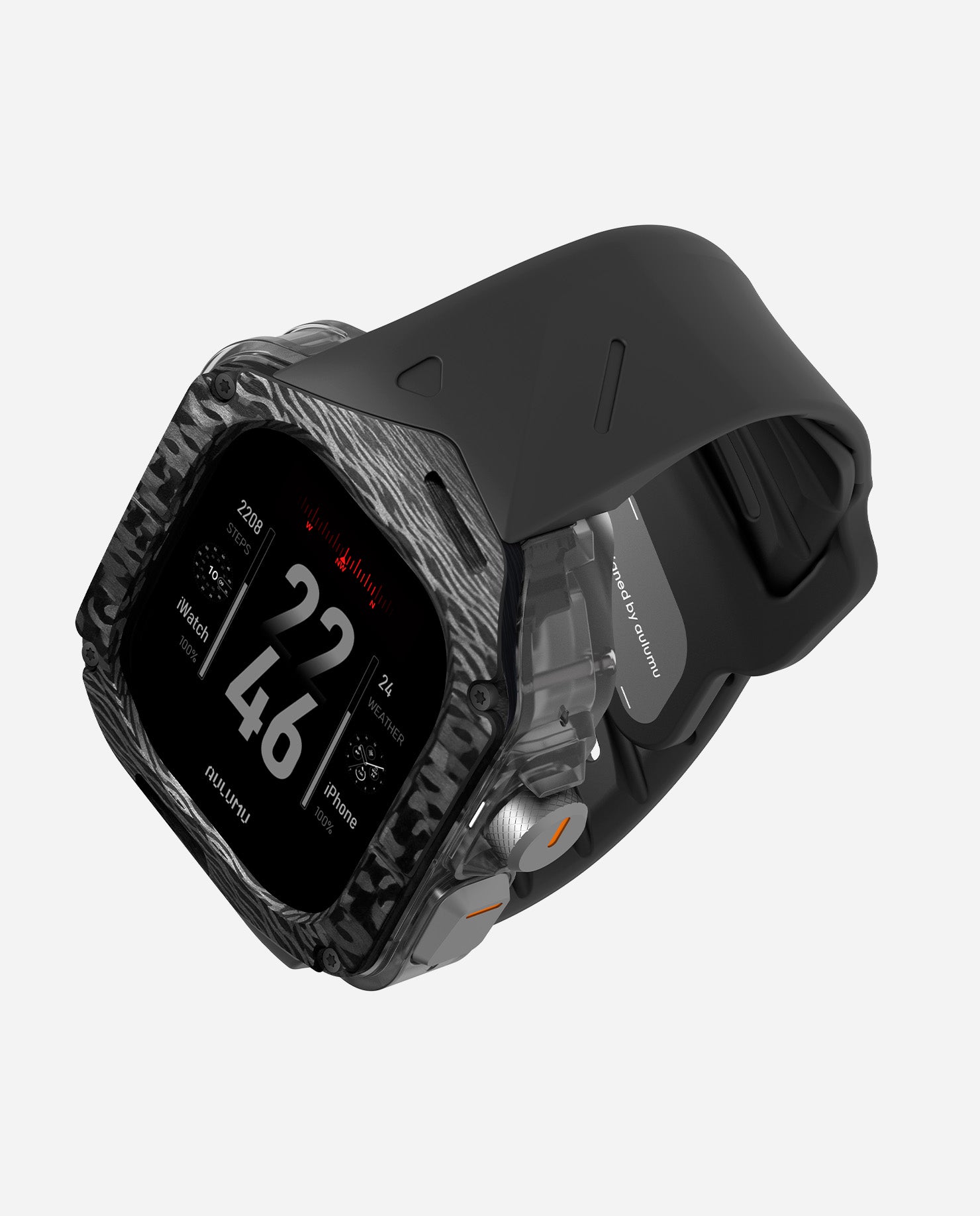 Angled top view of AULUMU A01 carbon fiber Apple Watch Ultra case with black FKM band and textured bezel.