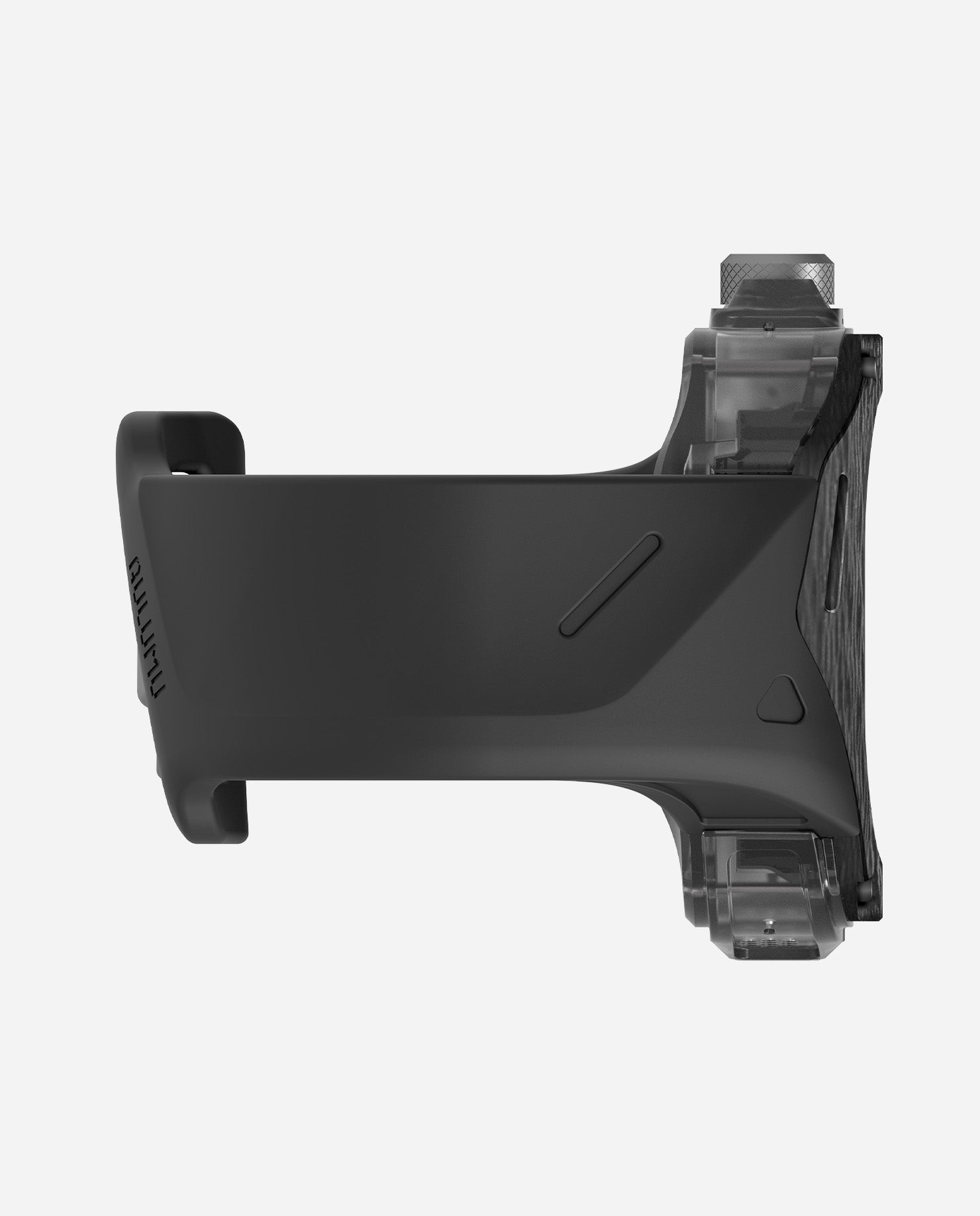 Close side view of AULUMU A01 carbon fiber top cover for Apple Watch Ultra with black FKM band.