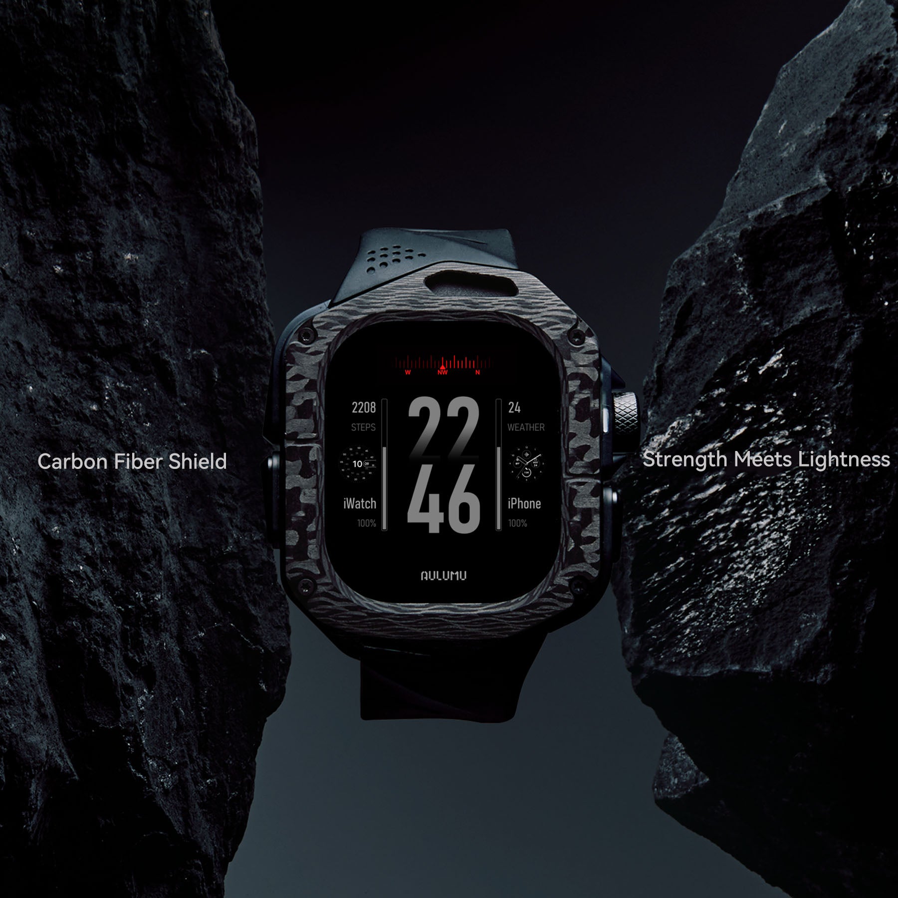 AULUMU A01 carbon fiber case with FKM band for Apple Watch Ultra held between two dark rocks, Carbon Fiber Shield and Strength Meets Lightness tagline