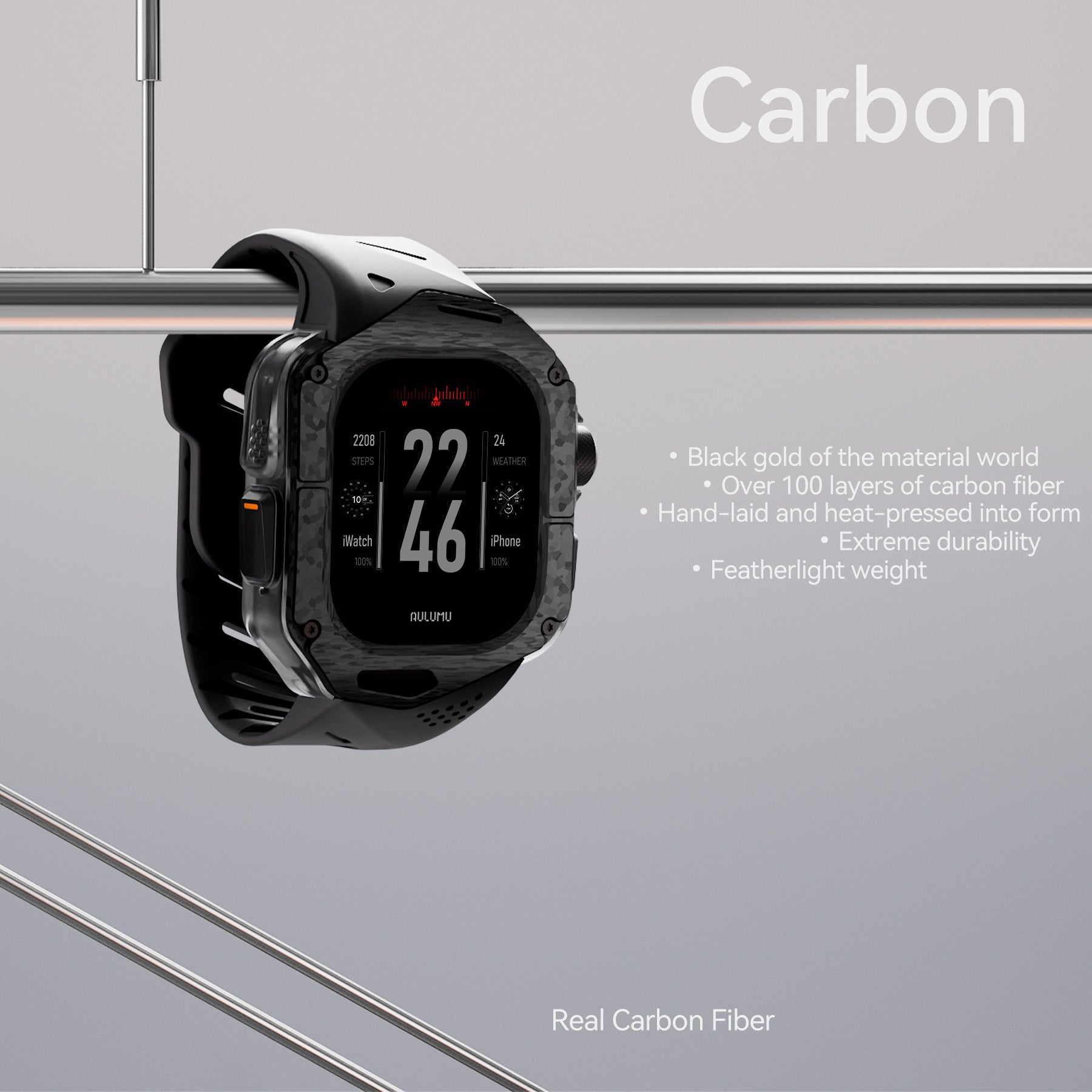 Side view of AULUMU A01 real carbon fiber Apple Watch Ultra case and FKM band resting on metal rods, highlighting lightweight multi-layer carbon construction