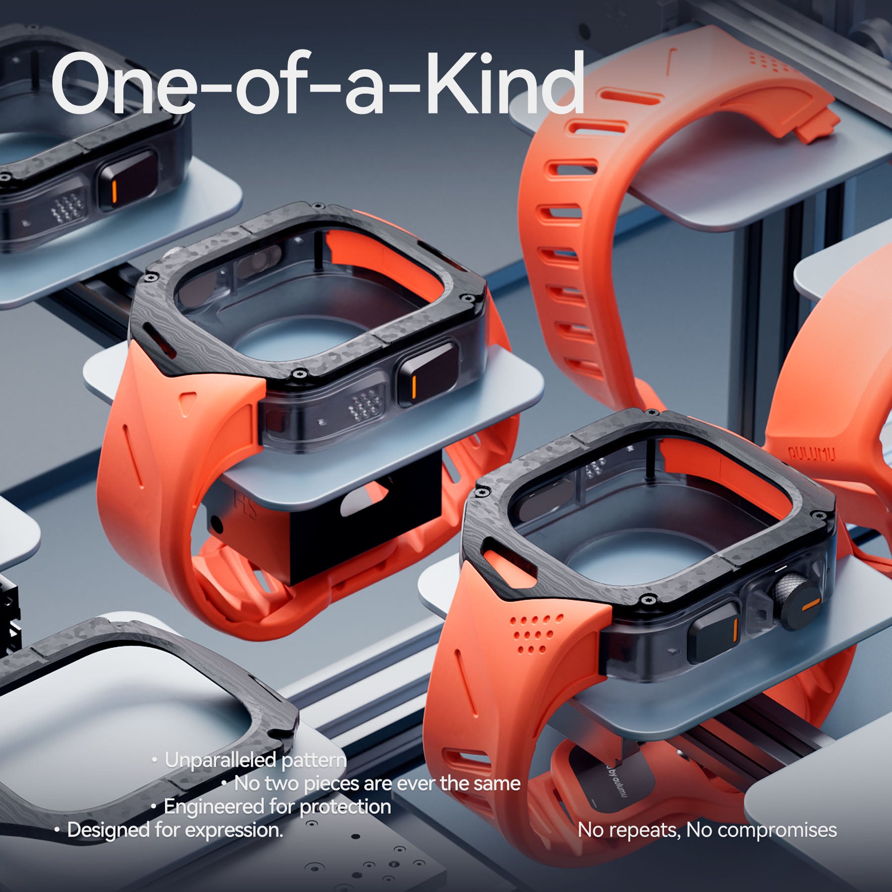 Assembly line of AULUMU A01 carbon fiber cases and orange FKM bands on platforms with One-of-a-Kind headline and no-repeats pattern message