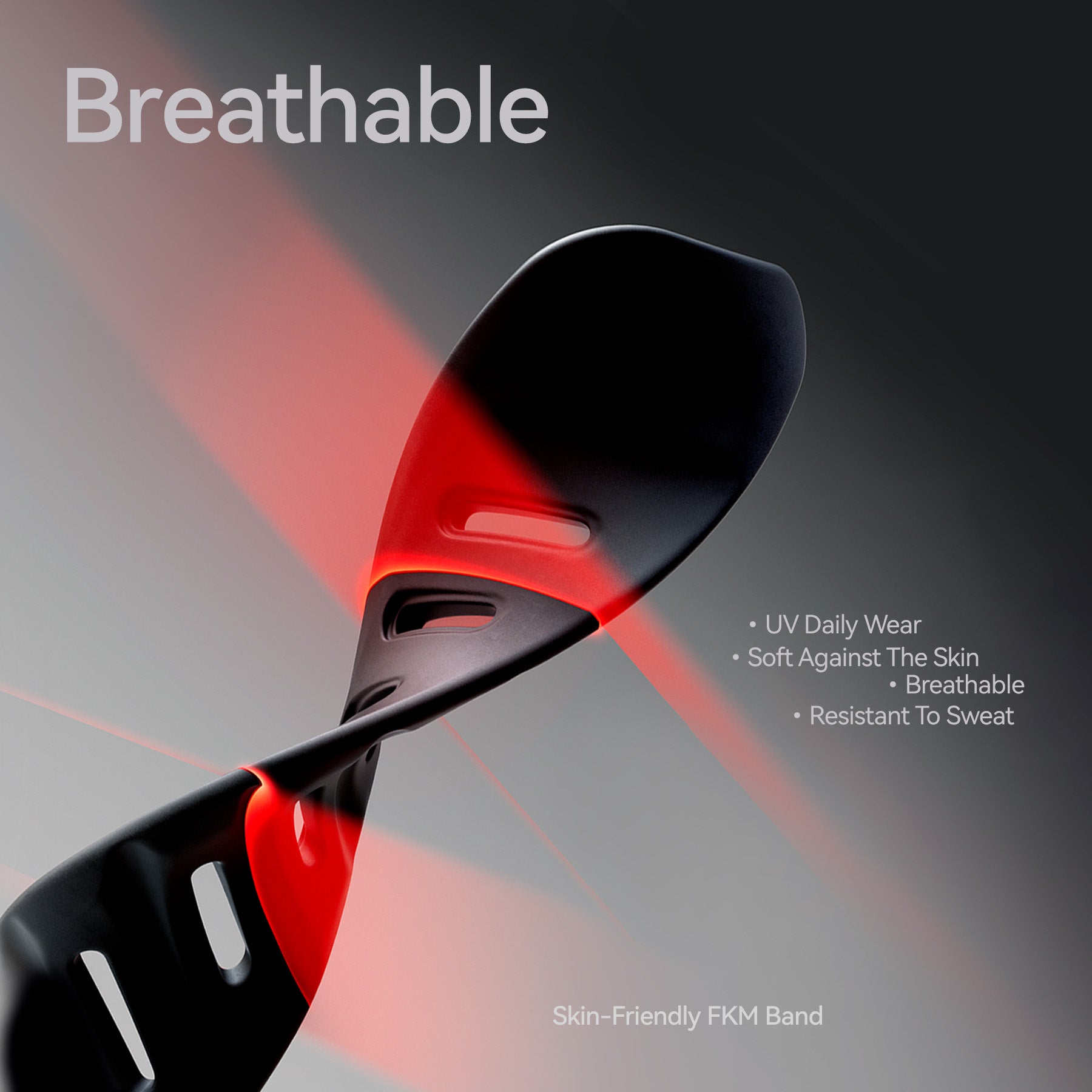 Twisted black and orange AULUMU A01 FKM watch band with red light beam, showing breathable skin-friendly strap design