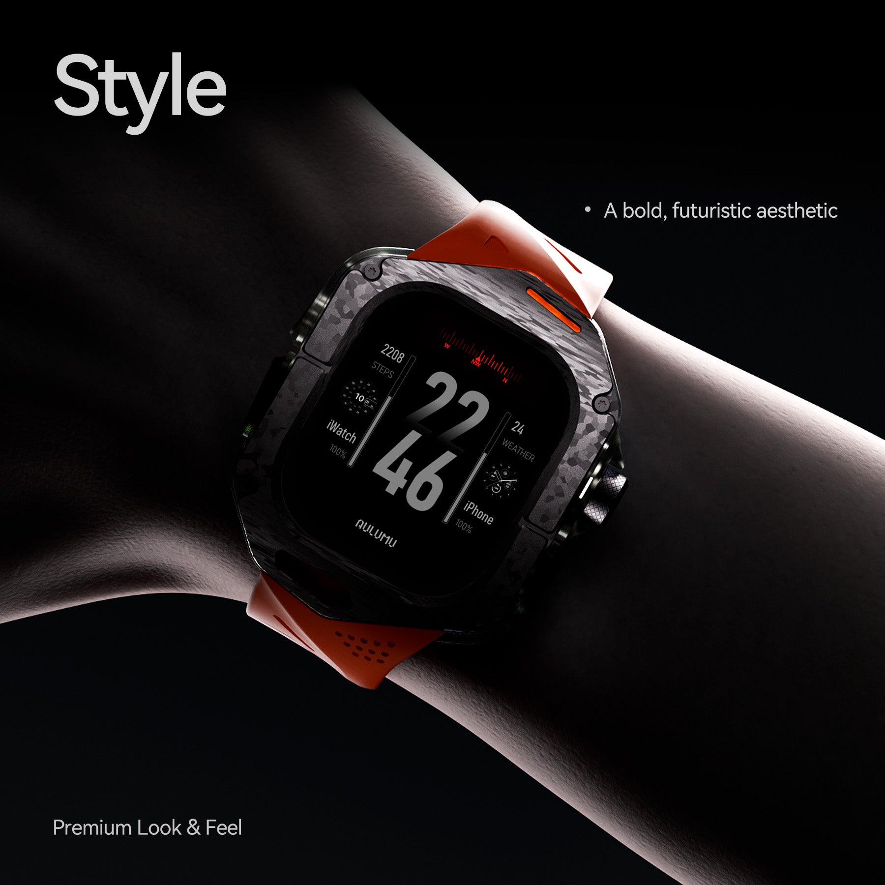 AULUMU A01 carbon fiber case with orange FKM band worn on wrist in low-key lighting, Style headline and Premium Look & Feel tagline
