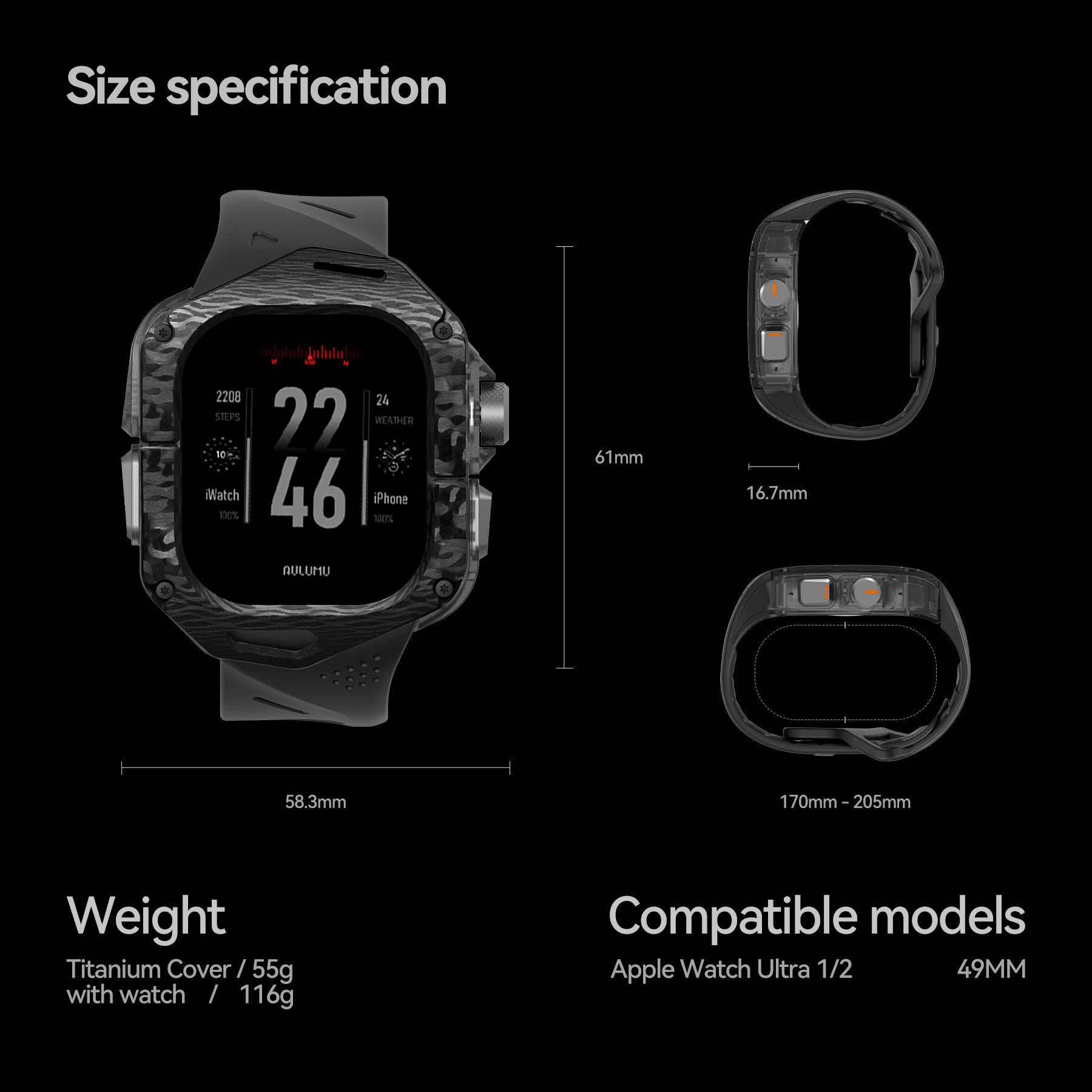 Technical drawing of AULUMU A01 Apple Watch Ultra case with dimensions, weight information and compatible models next to the assembled watch
