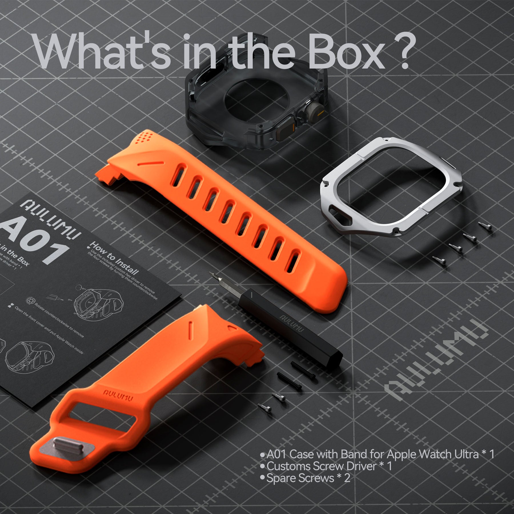 What’s in the box layout of AULUMU A01 case with band kit including carbon fiber bezel, FKM band pieces, PC cover, screwdriver, screws and instruction card