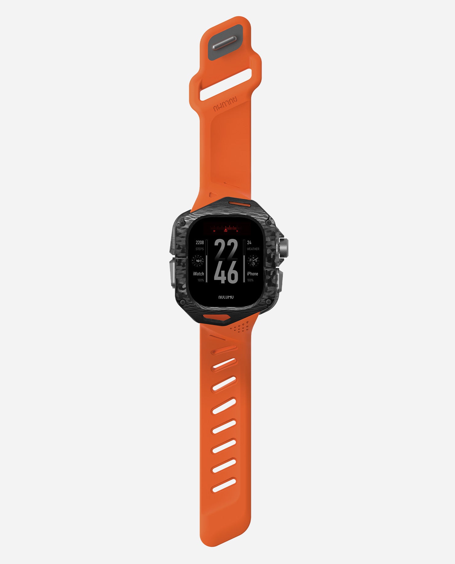 Full-length shot of AULUMU A01 carbon fiber case with orange FKM band for Apple Watch Ultra 1–3.
