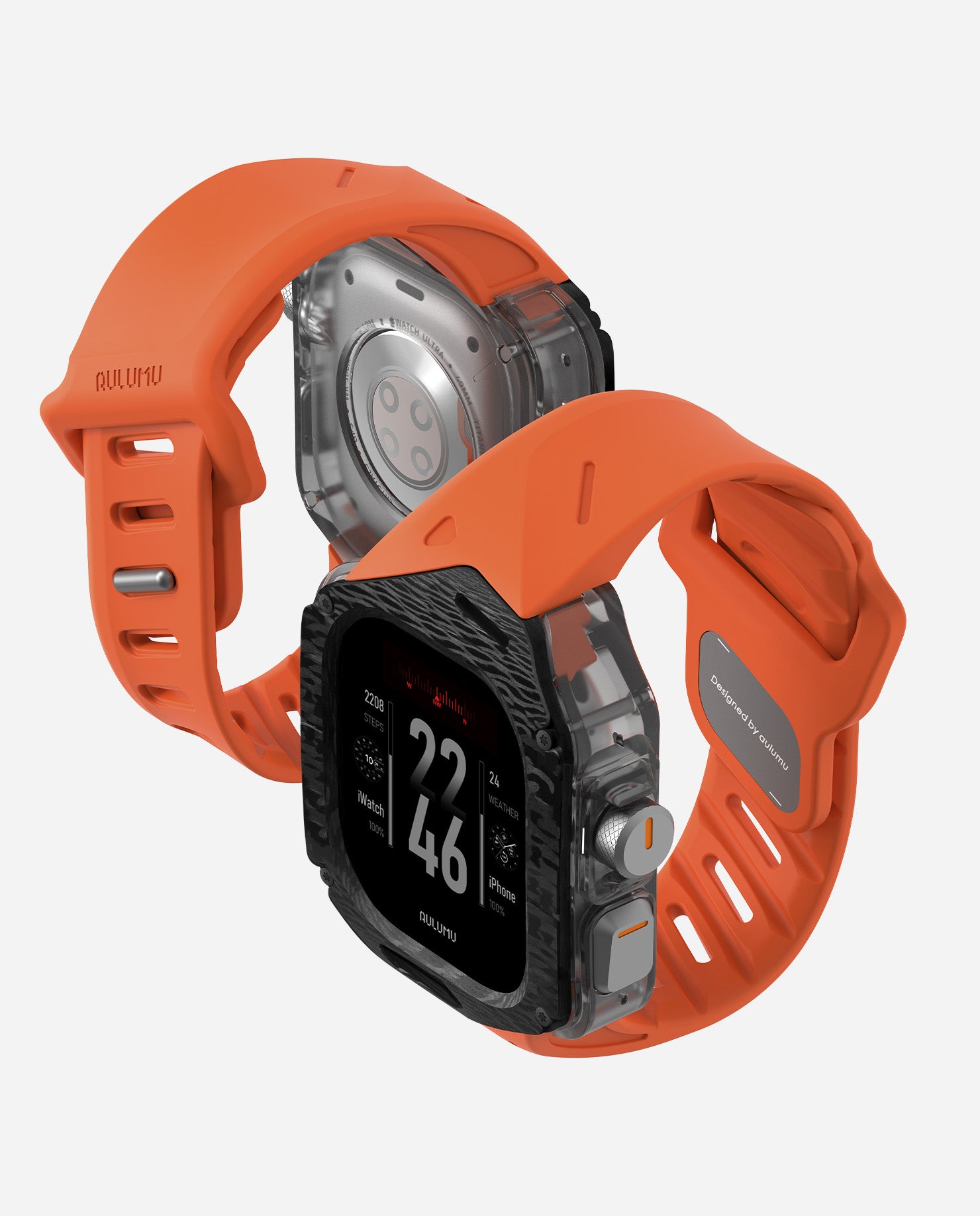 Pair of AULUMU A01 carbon fiber Apple Watch Ultra cases with orange FKM bands, front and back views.