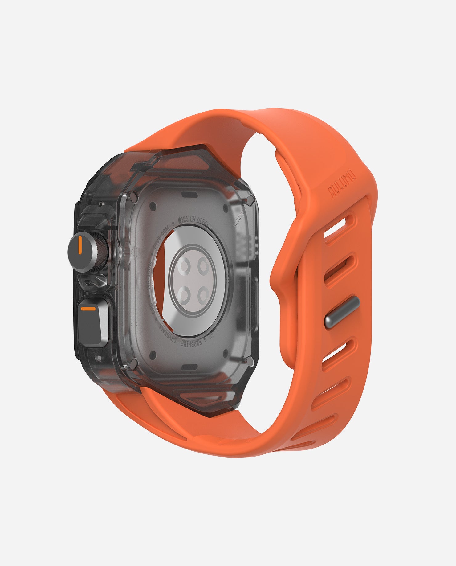 Back view of AULUMU A01 carbon fiber case with orange FKM band on Apple Watch Ultra, showing sensor area.