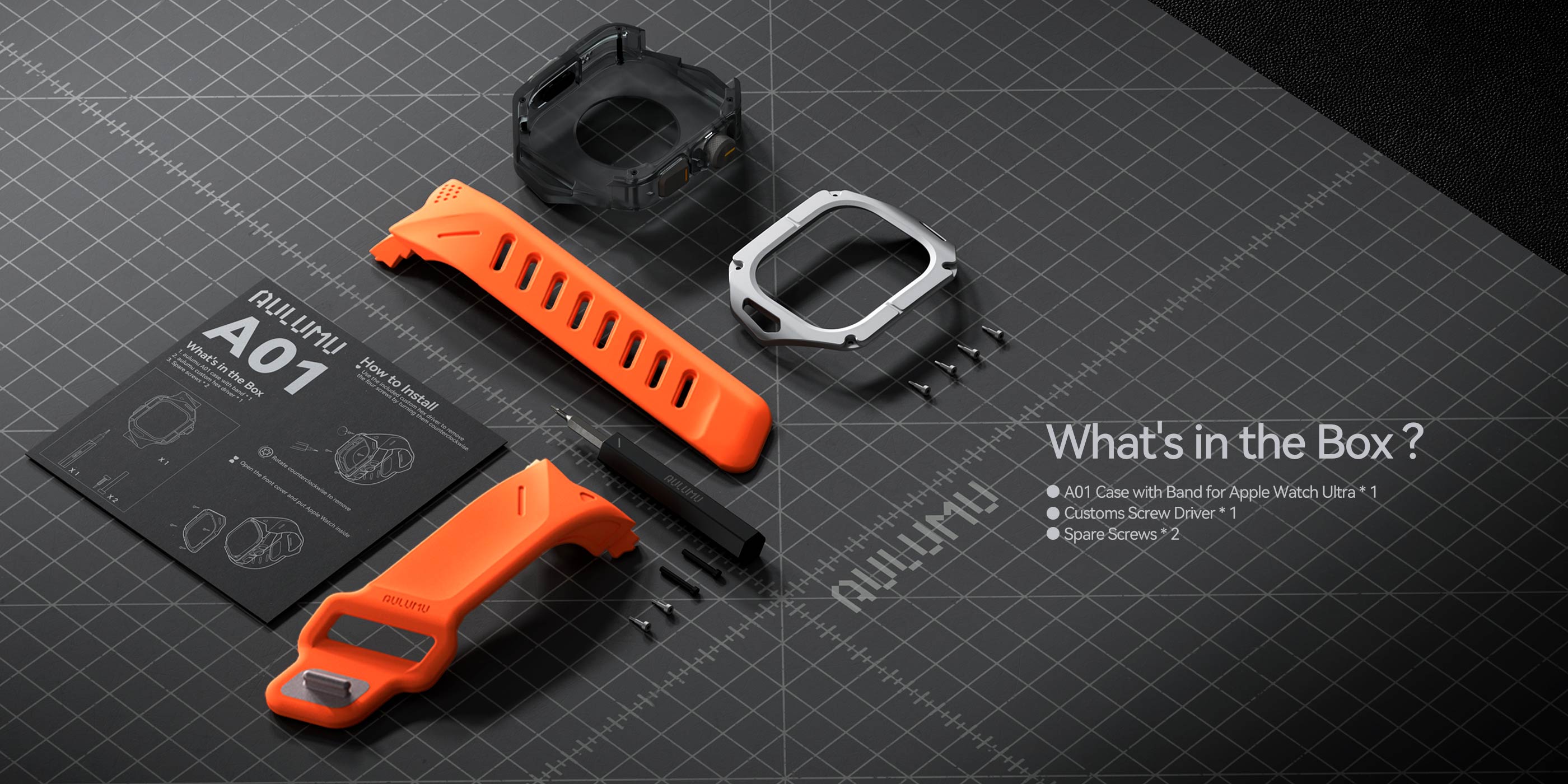 What’s in the box layout of AULUMU A01 case with band kit including carbon fiber bezel, FKM band pieces, PC cover, screwdriver, screws and instruction card