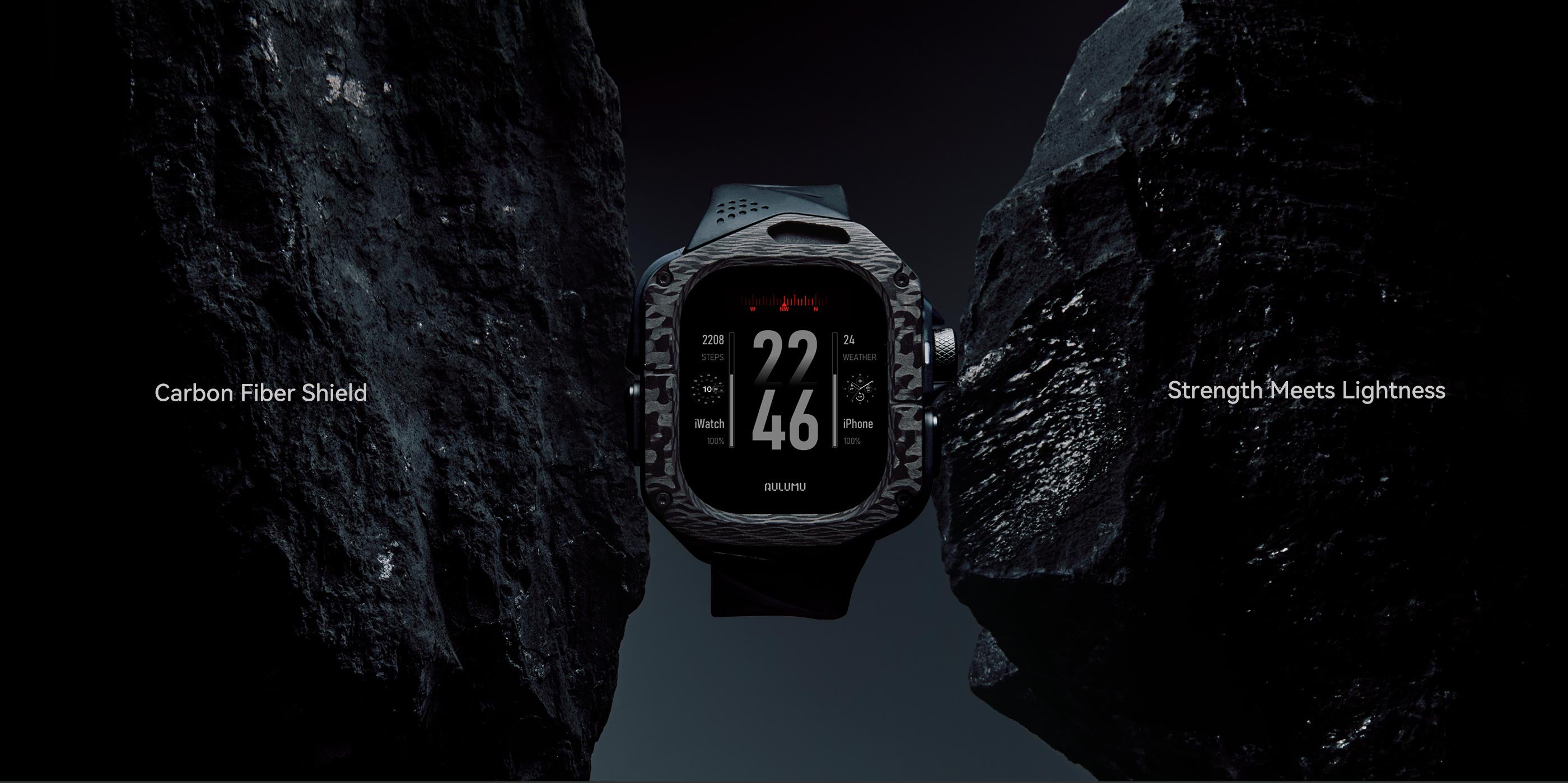 AULUMU A01 carbon fiber case with FKM band for Apple Watch Ultra held between two dark rocks, Carbon Fiber Shield and Strength Meets Lightness tagline