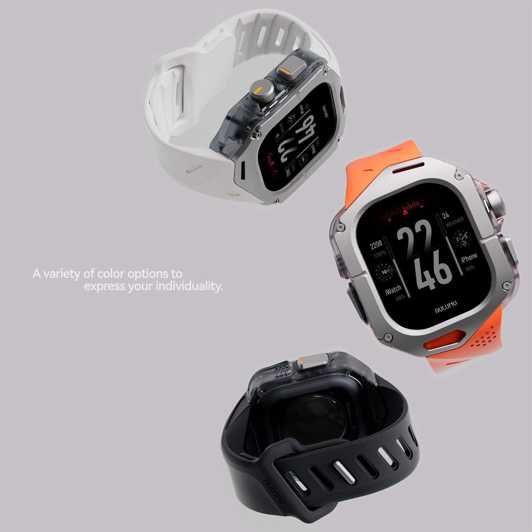 Apple Watch Ultra paired with AULUMU A01 covers in multiple color configurations