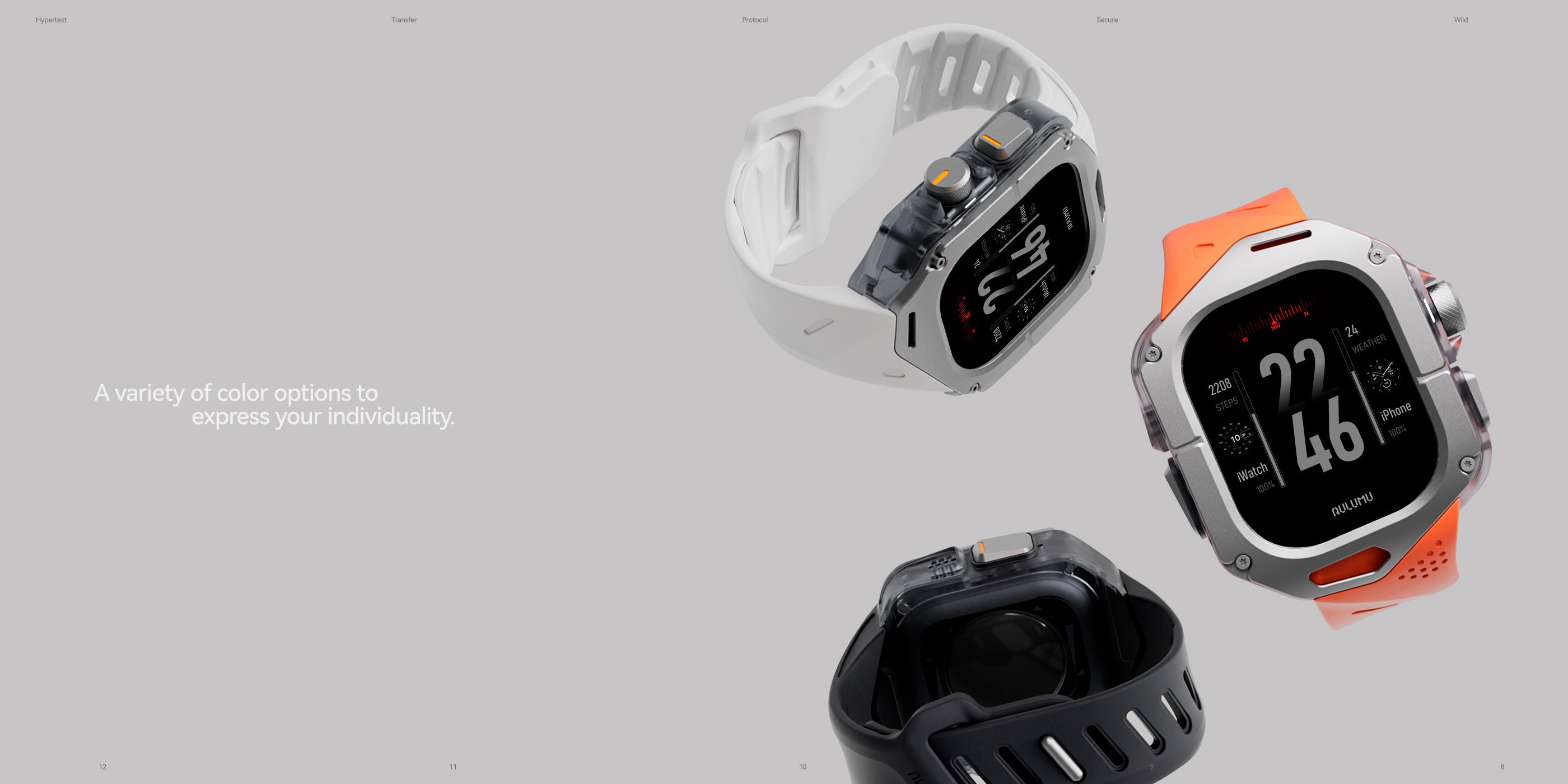 Apple Watch Ultra paired with AULUMU A01 covers in multiple color configurations