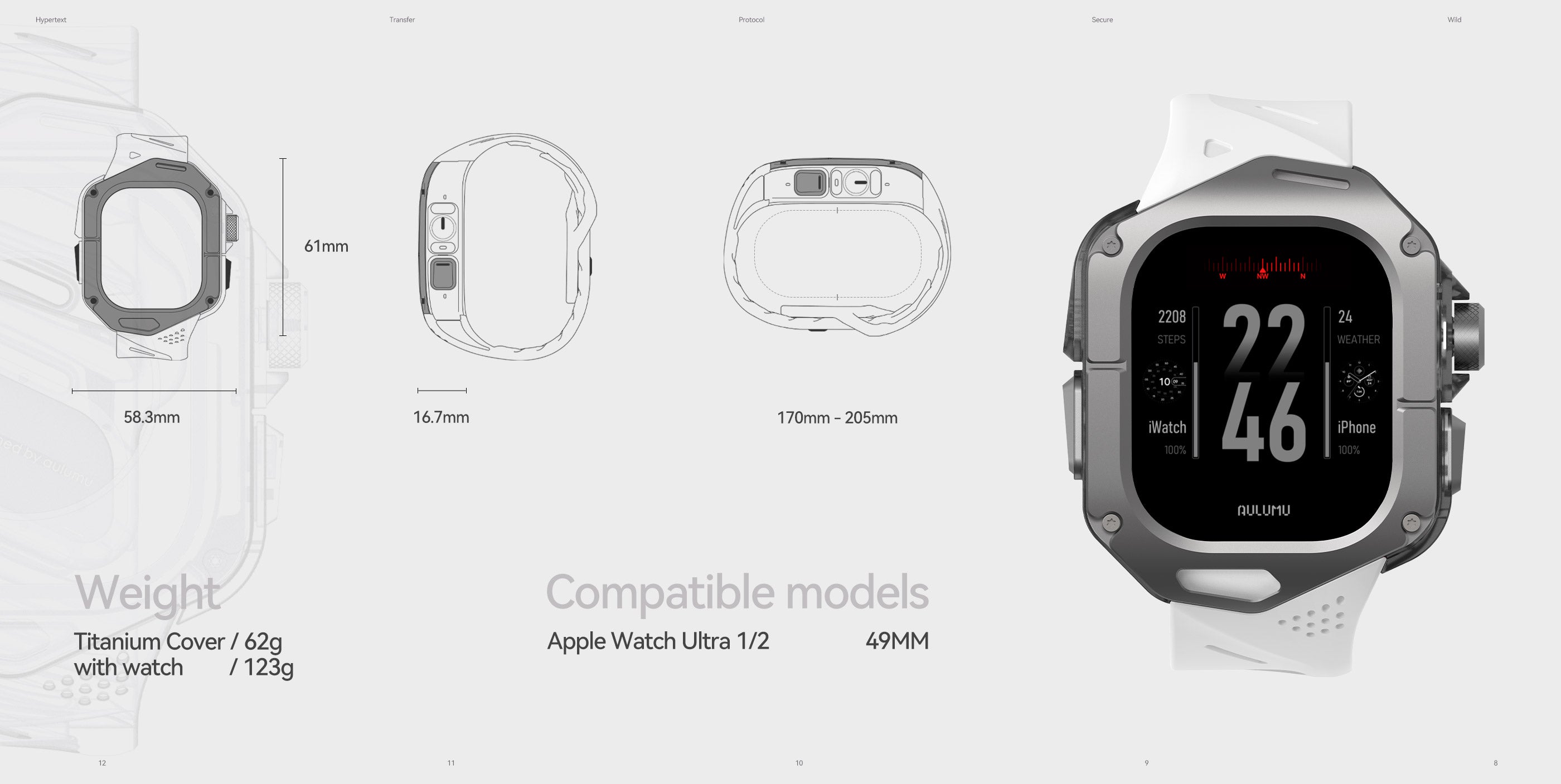 Technical specifications of AULUMU A01 including dimensions, materials and Apple Watch Ultra compatibility