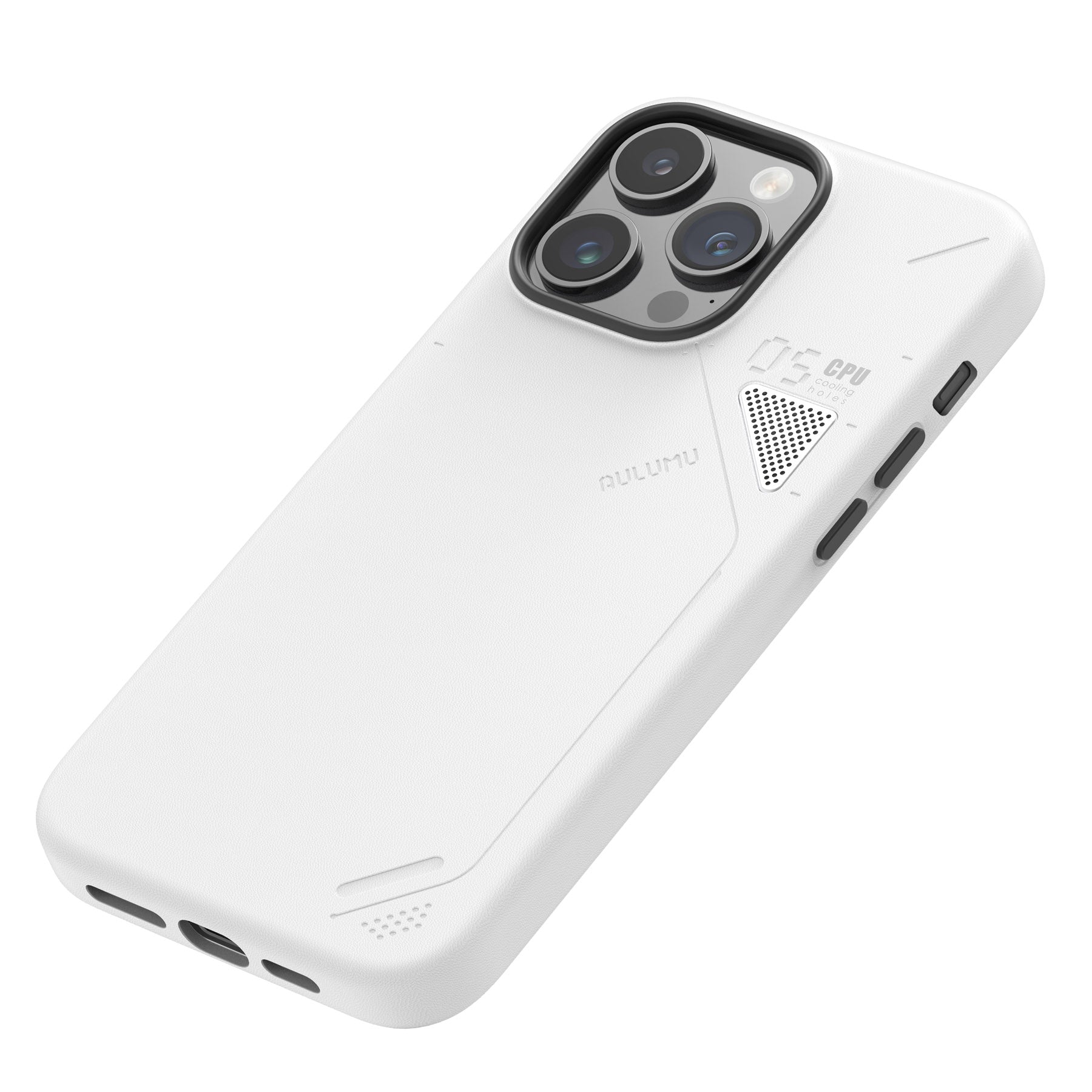 Square close-up of white AULUMU A05 vegan leather case for iPhone 14 Pro with CPU cooling window detail