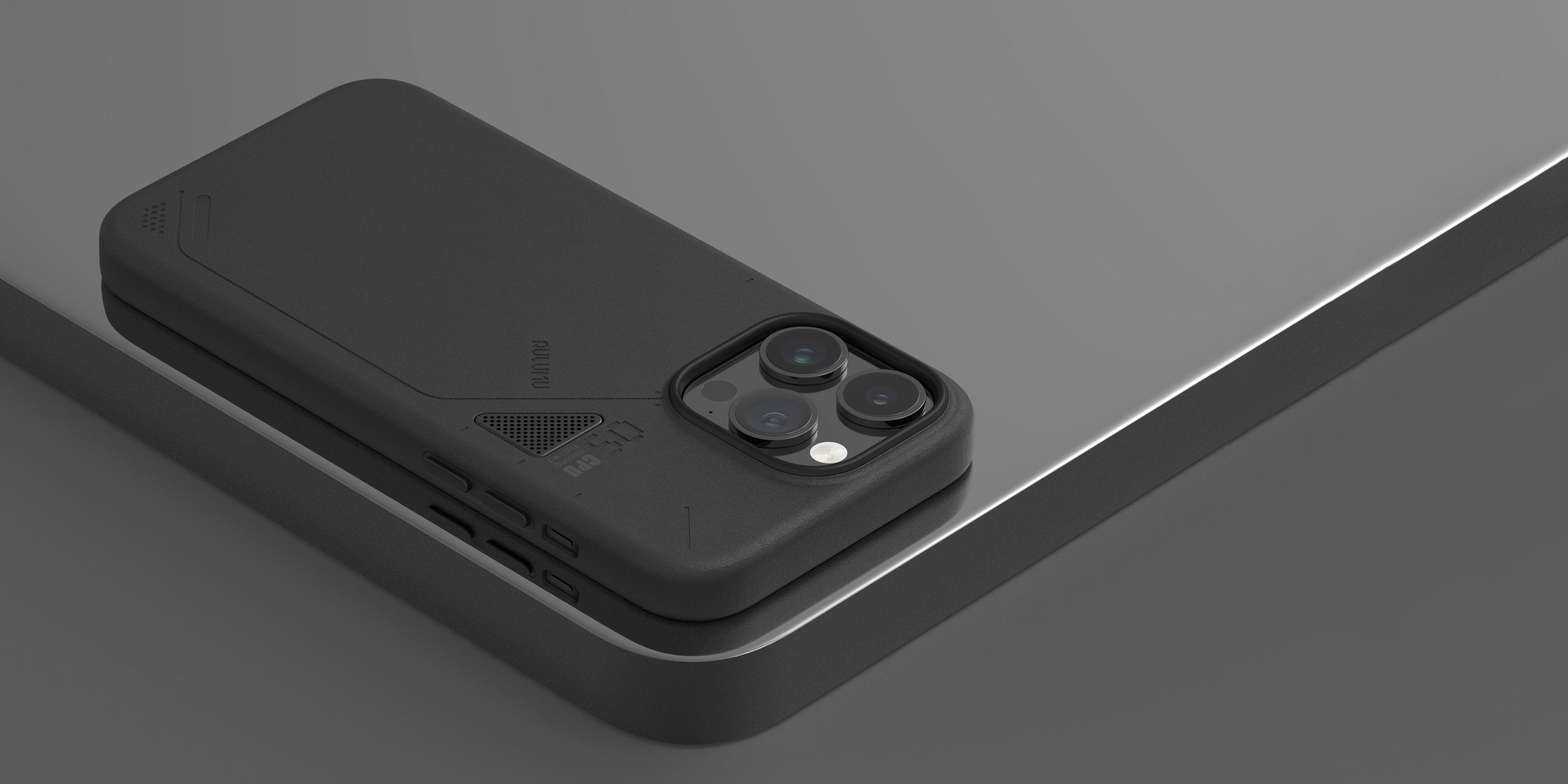 Black AULUMU A05 vegan leather case for iPhone 14 Pro stacked on device showing slim protective profile