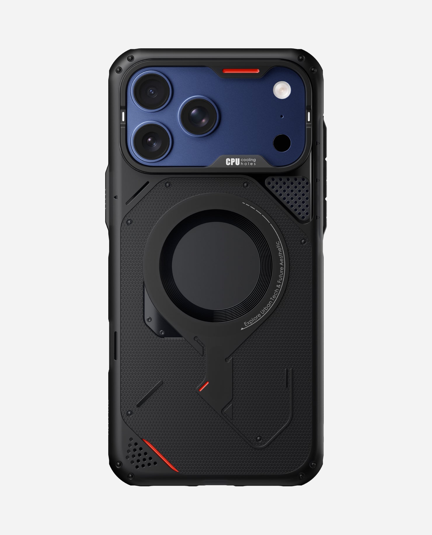 Front-on rear view of AULUMU A17 rugged outdoor MagSafe case in translucent gray on blue iPhone 17 Pro / Pro Max back