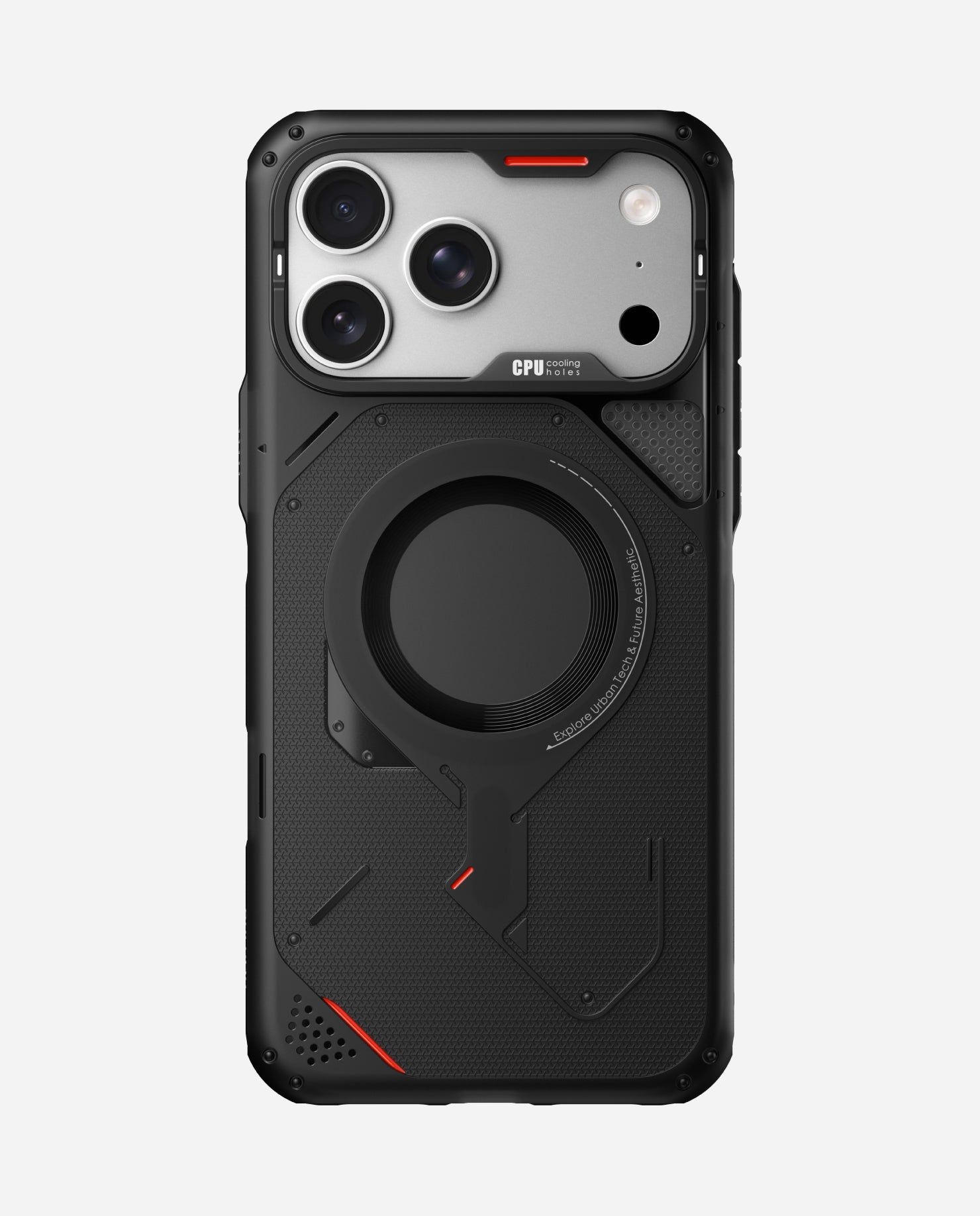 AULUMU A17 rugged outdoor MagSafe case in translucent gray for iPhone 17 Pro / Pro Max, rear view with CPU cooling holes