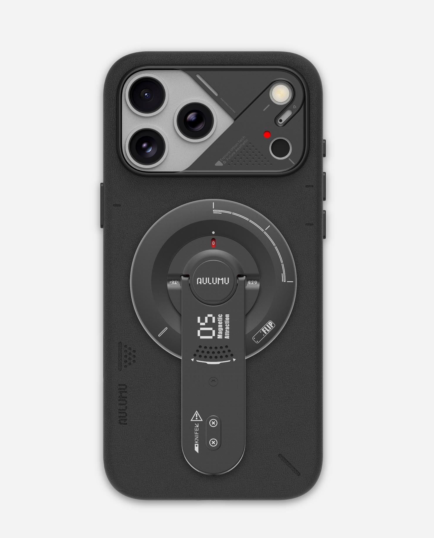Back view of an iPhone 17 in the AULUMU A17 PU leather case (black) with the G05 4-in-1 MagSafe kickstand attached, showing the circular magnetic mount and fold-out stand.