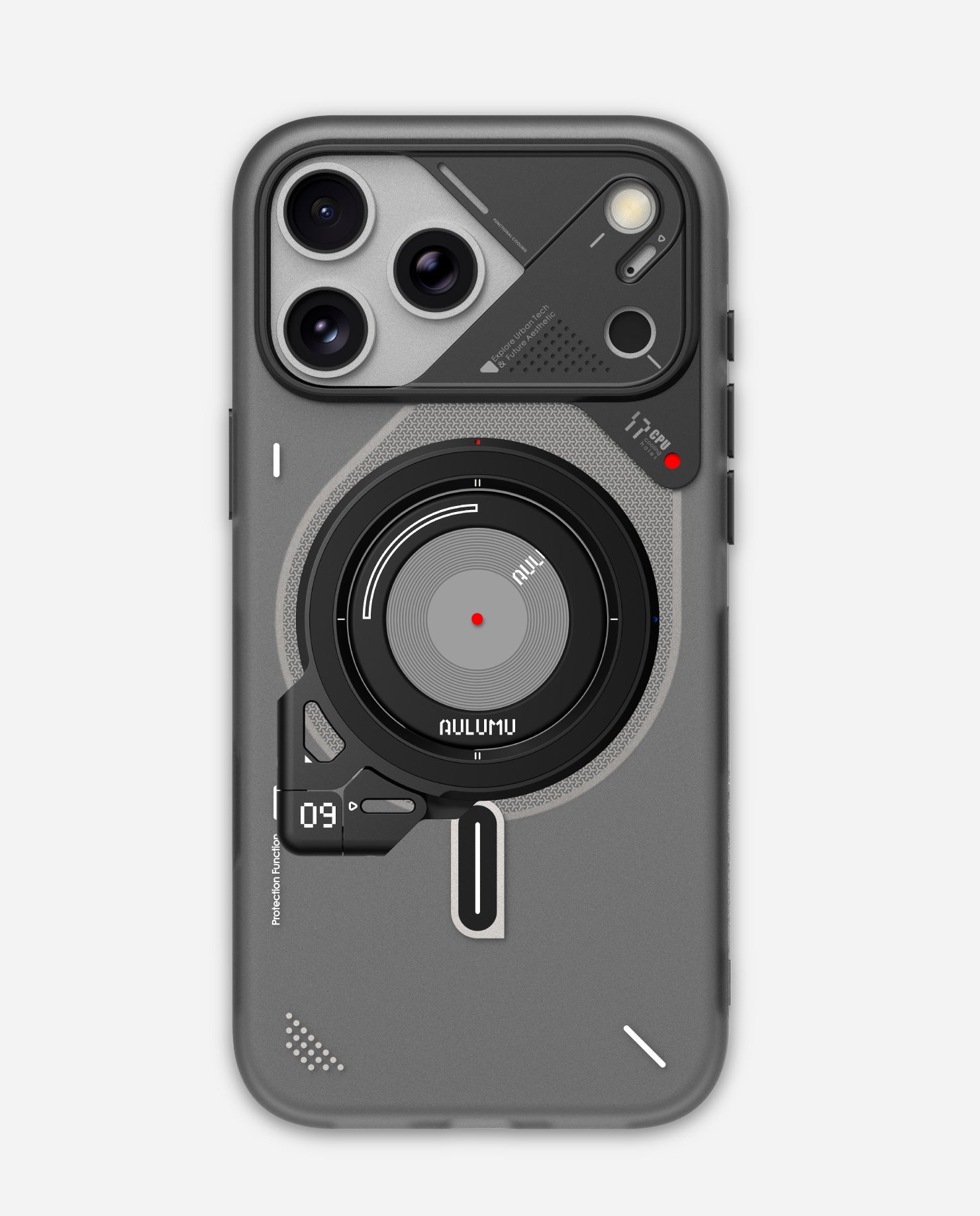 Back view of an iPhone 17 in the AULUMU A17 TPU case with the G09 Infinite 360° MagSafe ring stand attached, featuring a circular magnetic grip/stand and raised camera protection.