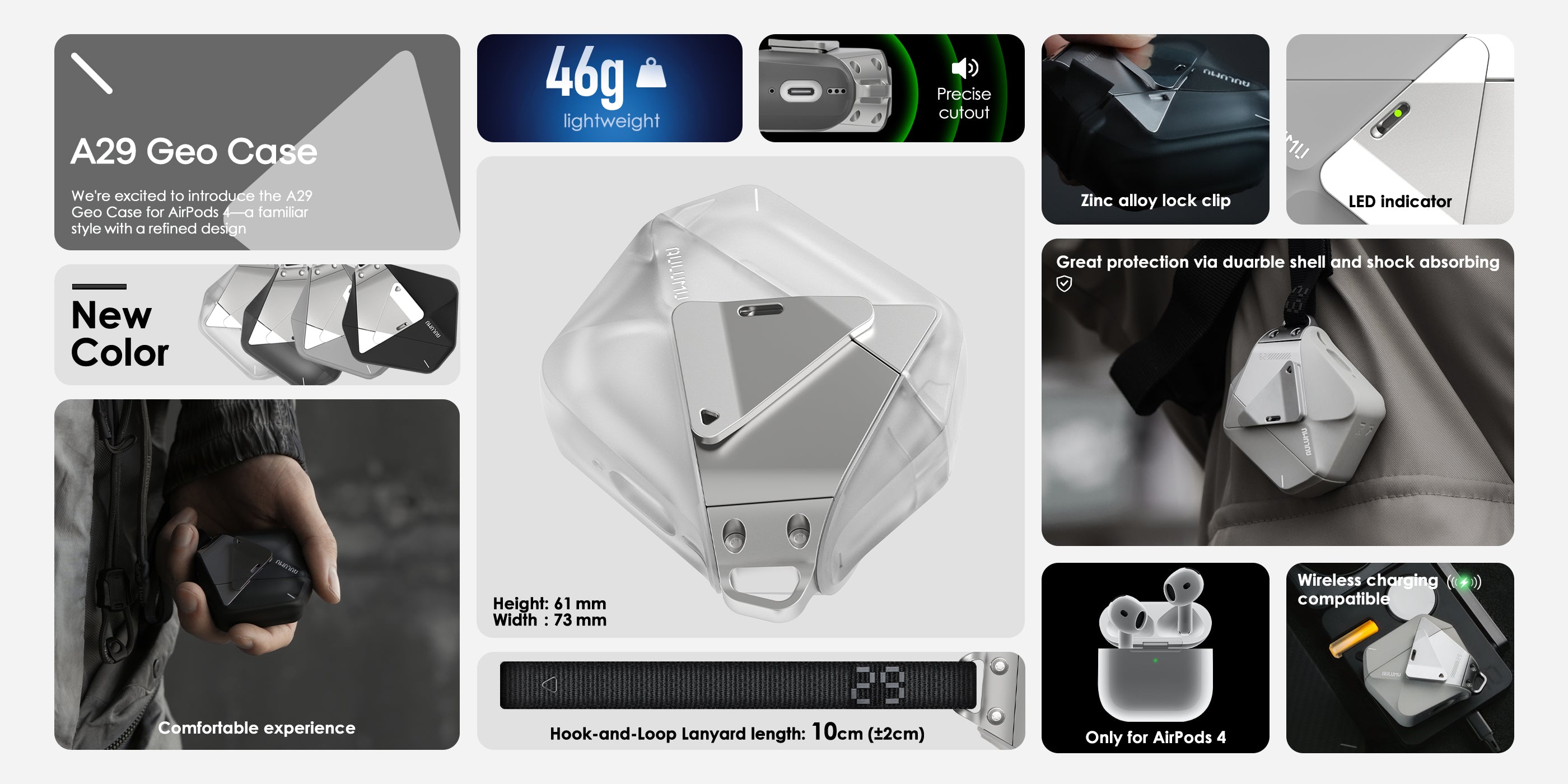 Feature collage of AULUMU A29 Geometric Case for AirPods 4 highlighting lightweight design, precise cutouts, lock, LED indicator and wireless charging.