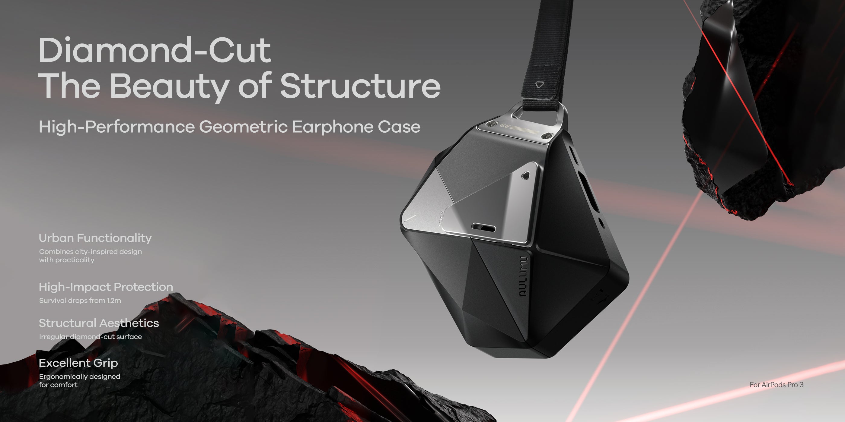 AULUMU A39 geometric case for AirPods Pro 3 with a zinc alloy lock and detachable lanyard.
