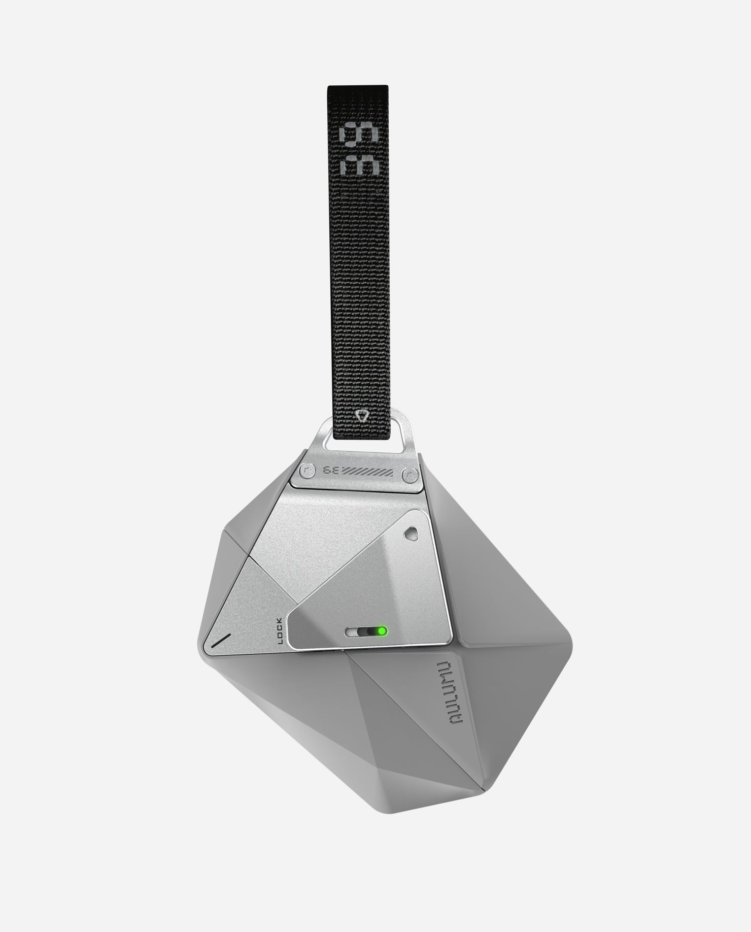 AULUMU A39 geometric AirPods Pro 3 case in Gray hanging from the hook-and-loop anti-loss lanyard