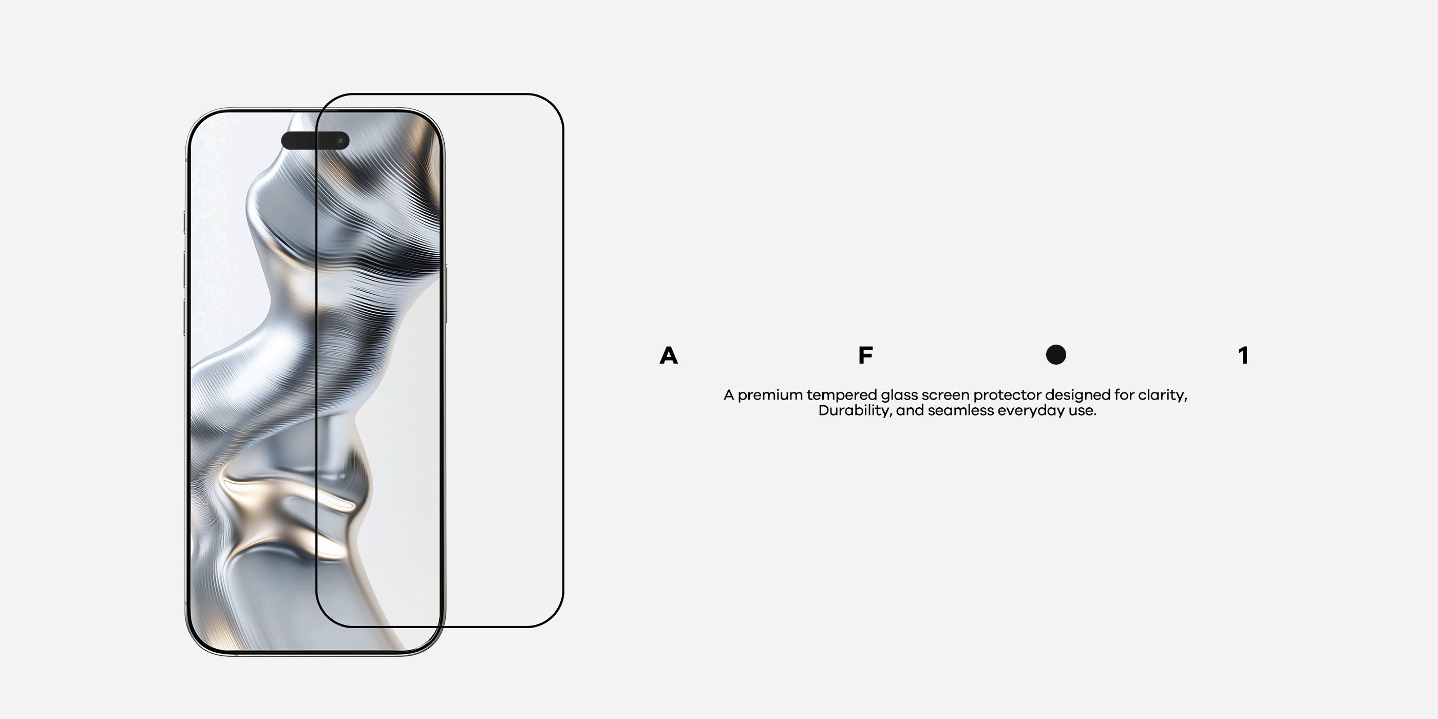 AULUMU AF01 tempered glass screen protector next to iPhone, with tagline about clarity, durability and everyday use