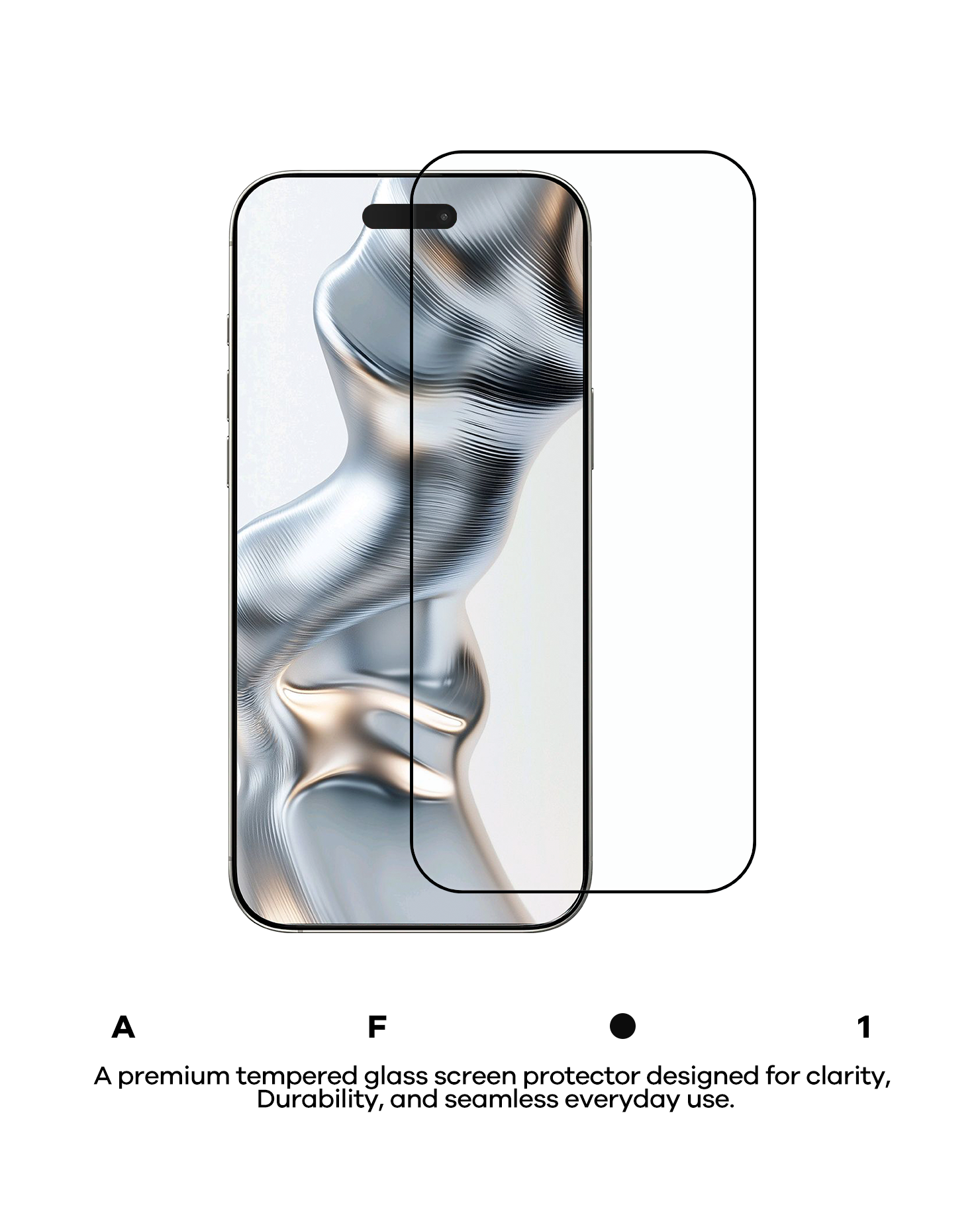 Mobile layout of AULUMU AF01 screen protector in front of iPhone with text describing clear, durable tempered glass