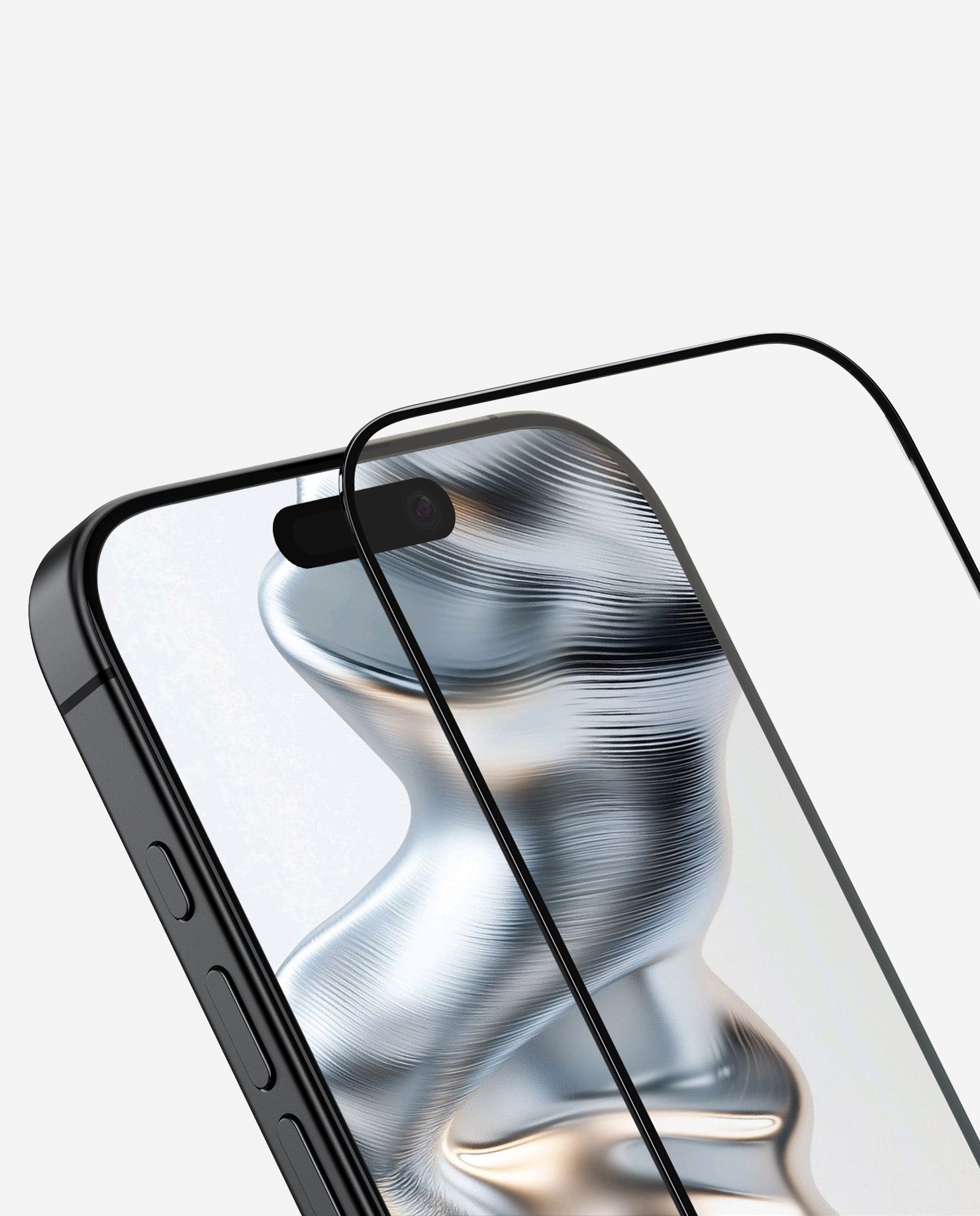Angled view showing AULUMU AF01 screen protector being applied over iPhone display