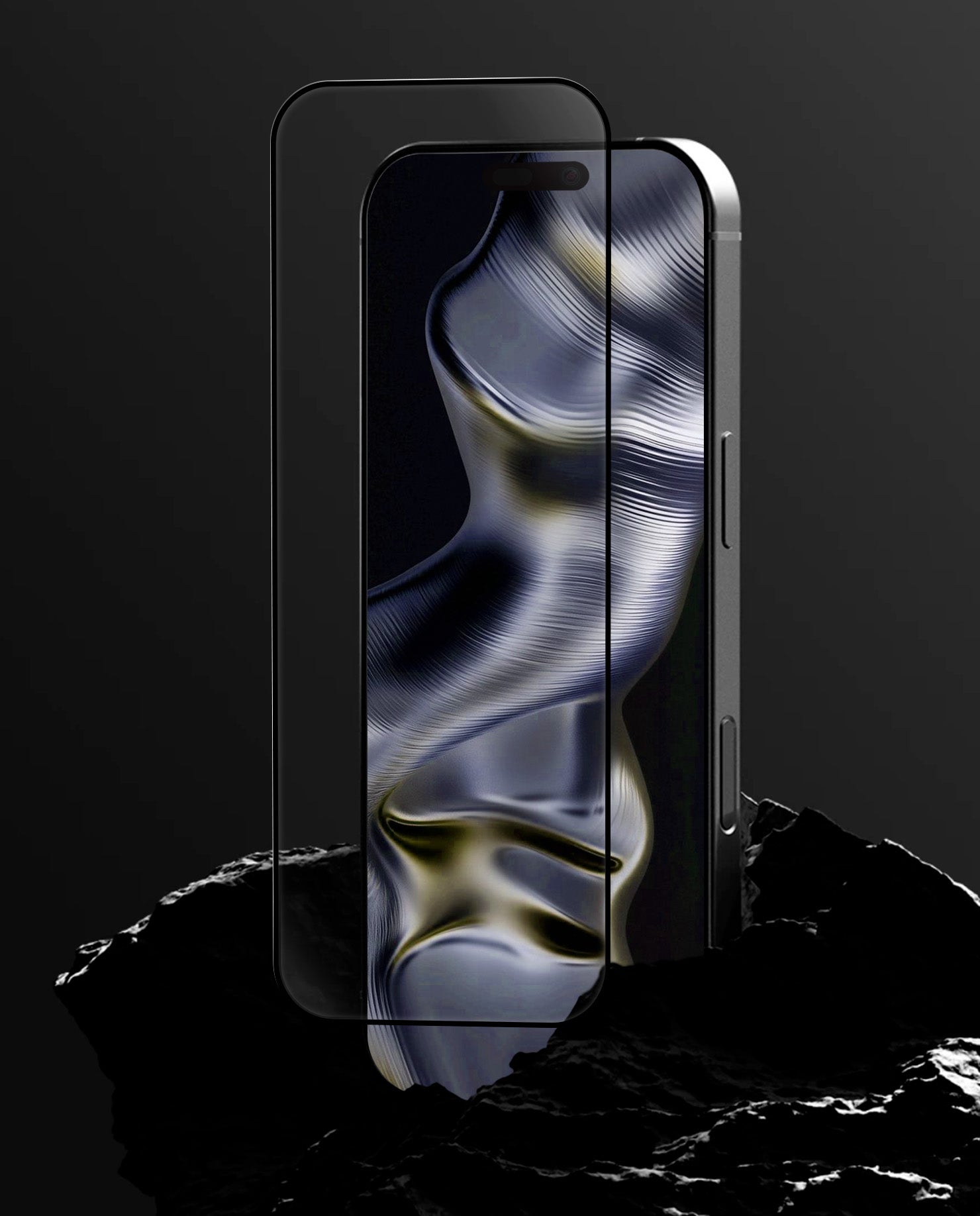 Close-up of AULUMU AF01 tempered glass screen protector floating above iPhone 16/17 screen