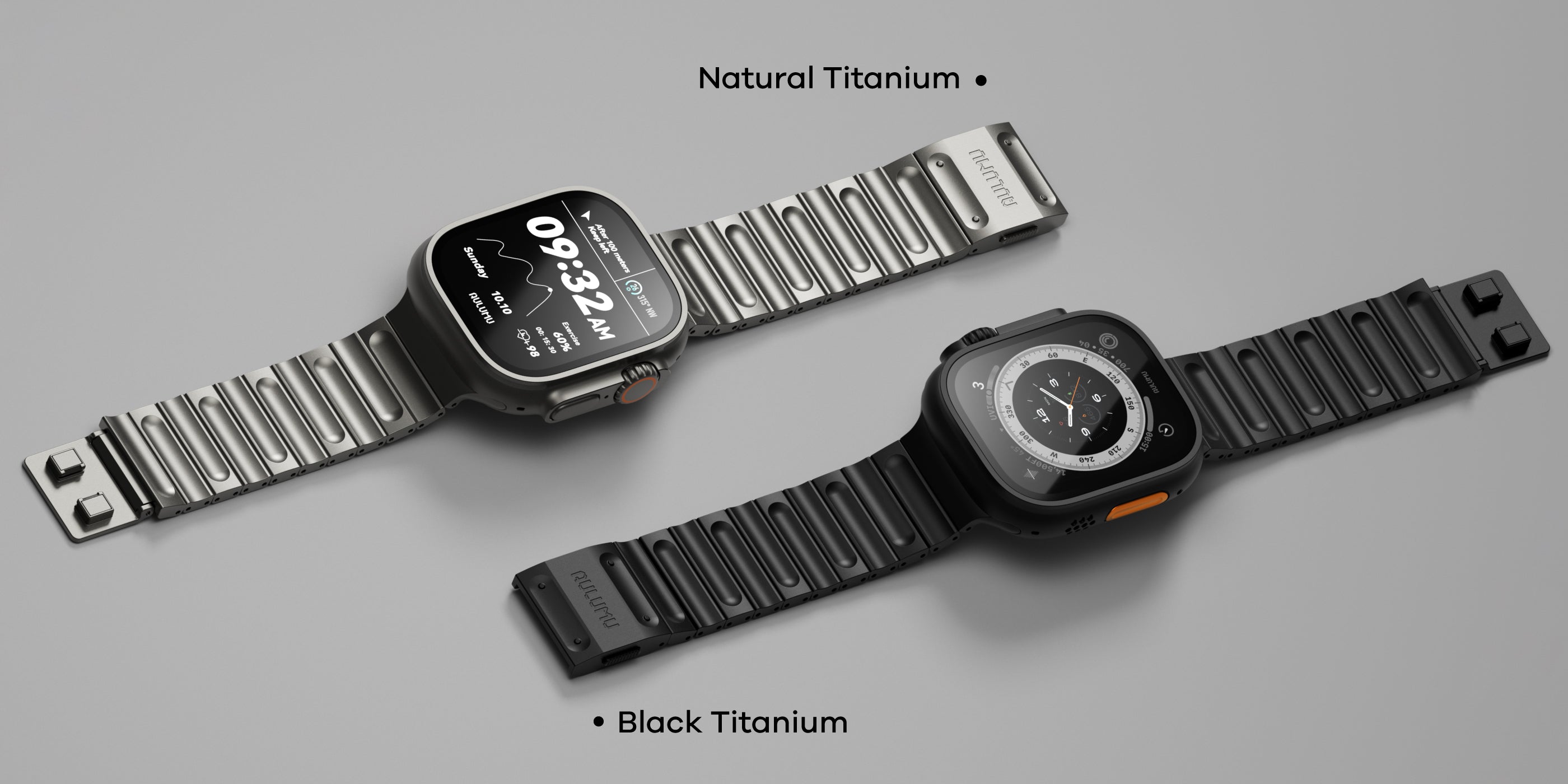 Natural titanium and black titanium versions of the AULUMU C01 Hi-Per Titanium Alloy Watch Band displayed on two Apple Watch Ultras