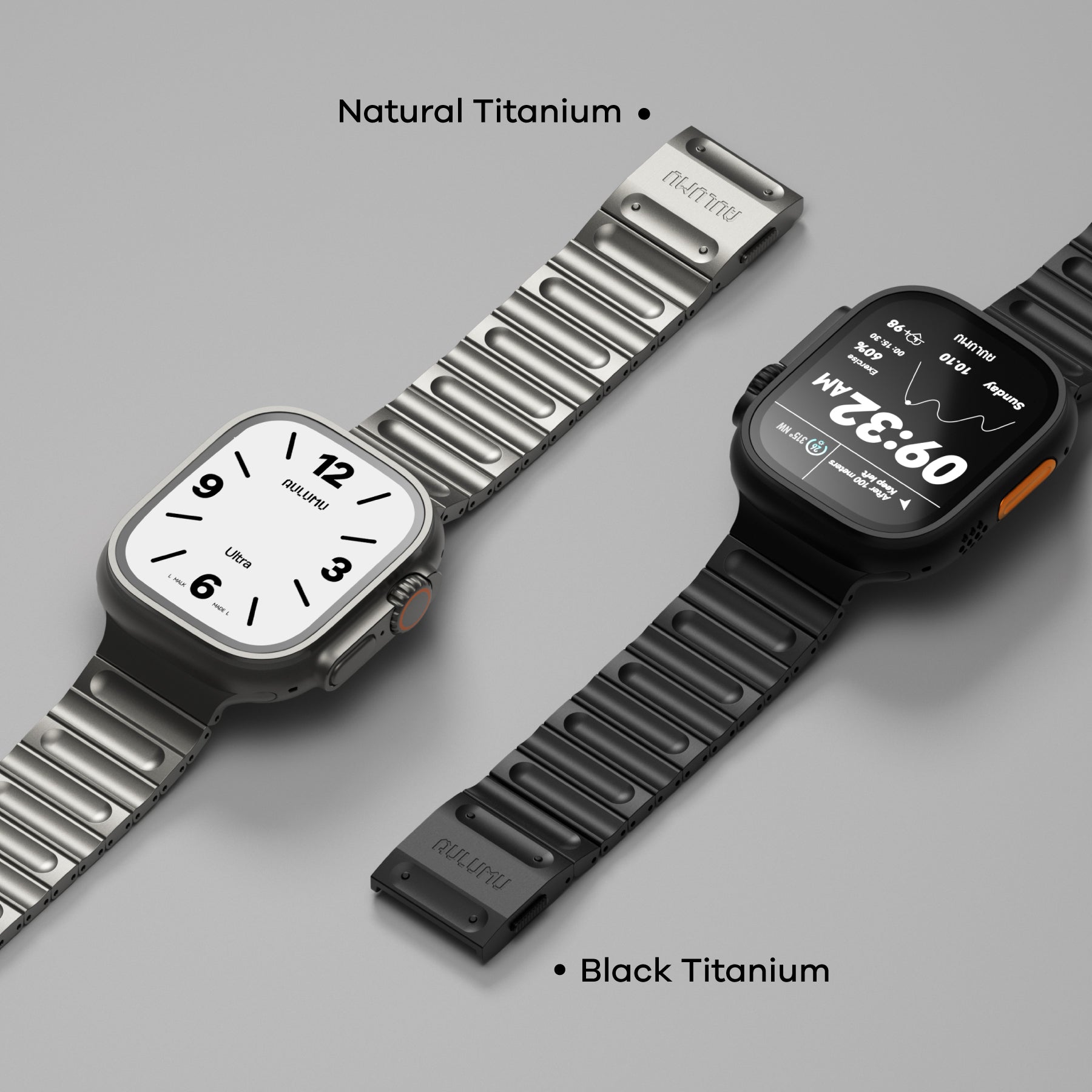 Natural titanium and black titanium versions of the AULUMU C01 Hi-Per Titanium Alloy Watch Band displayed on two Apple Watch Ultras