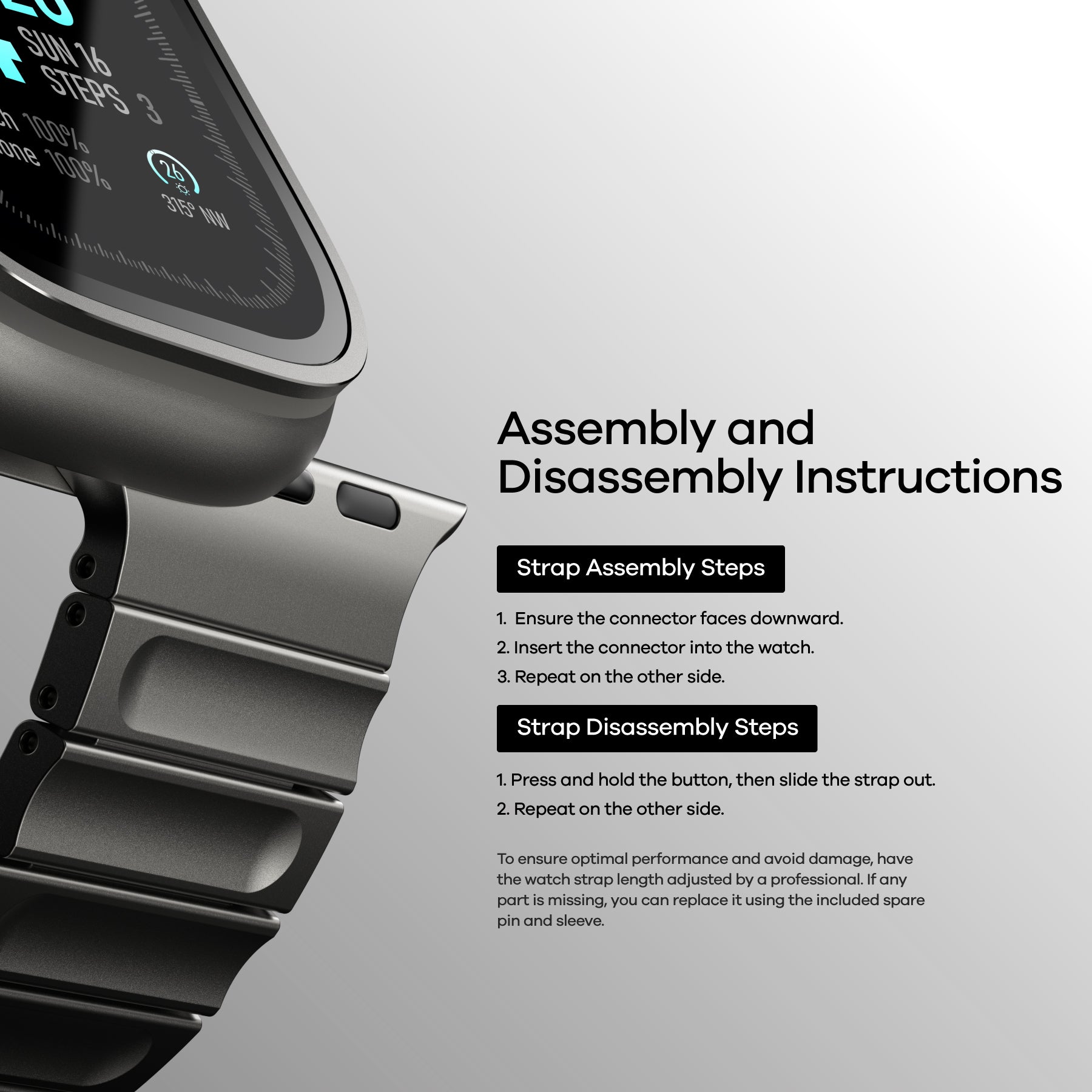 AULUMU C01 titanium alloy watch band assembly and disassembly instructions next to close-up of Apple Watch