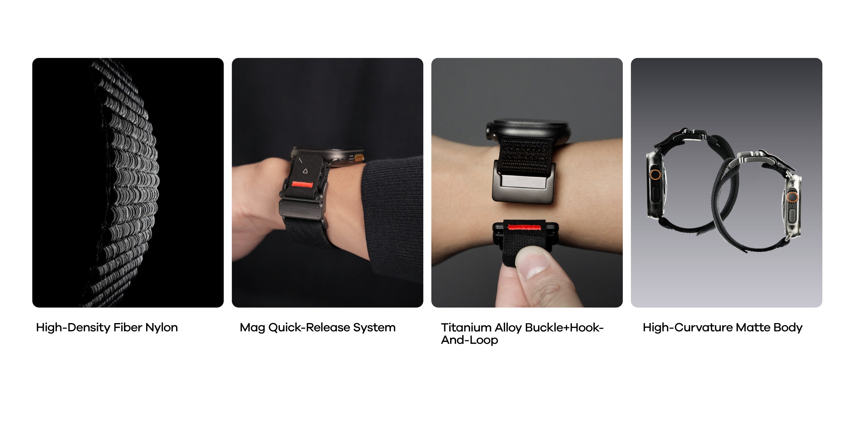 Four key features of AULUMU C03 band: high-density nylon, mag quick-release, titanium buckle, and high-curvature case