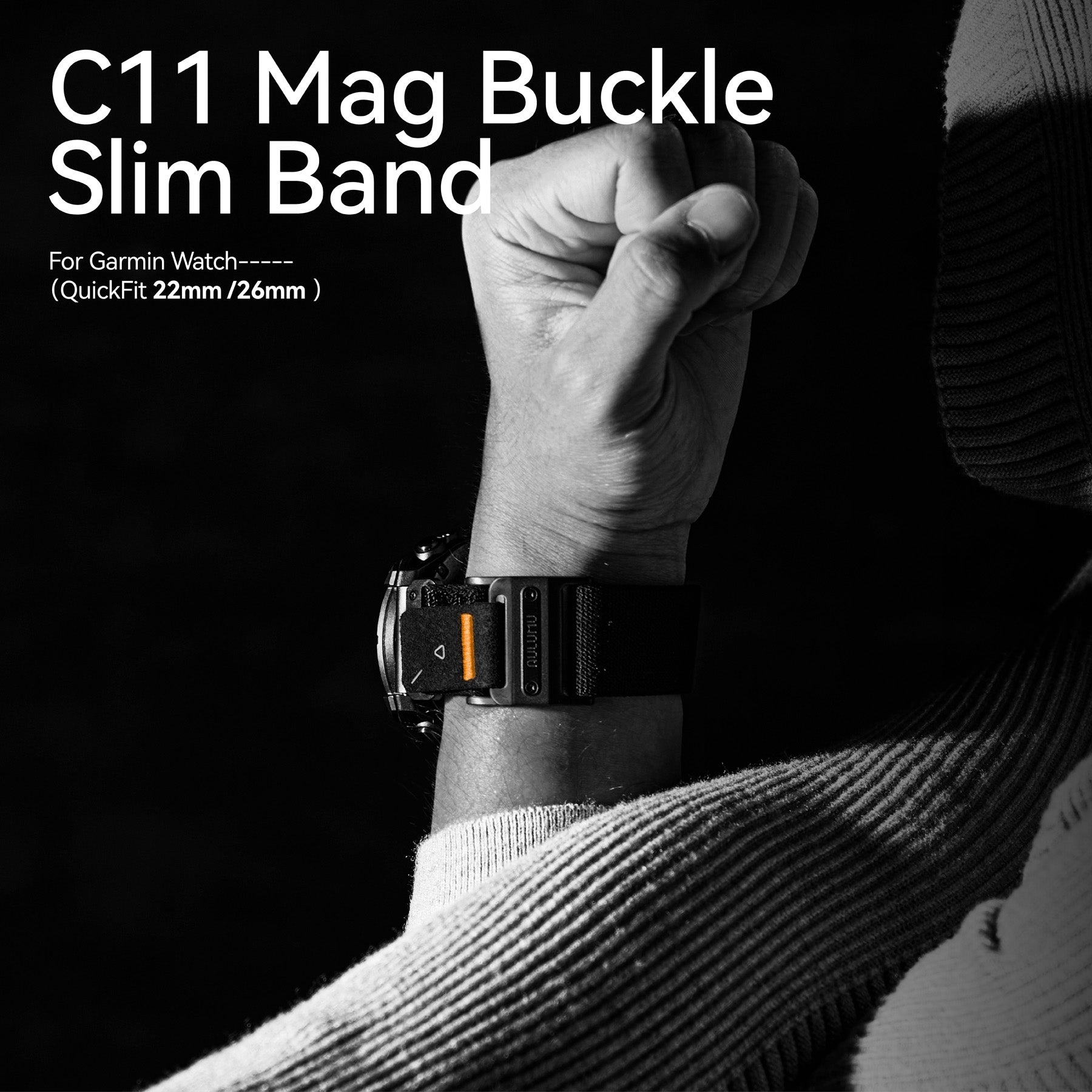 AULUMU C11 Mag Buckle Slim Band on wrist, black nylon strap for Garmin watch