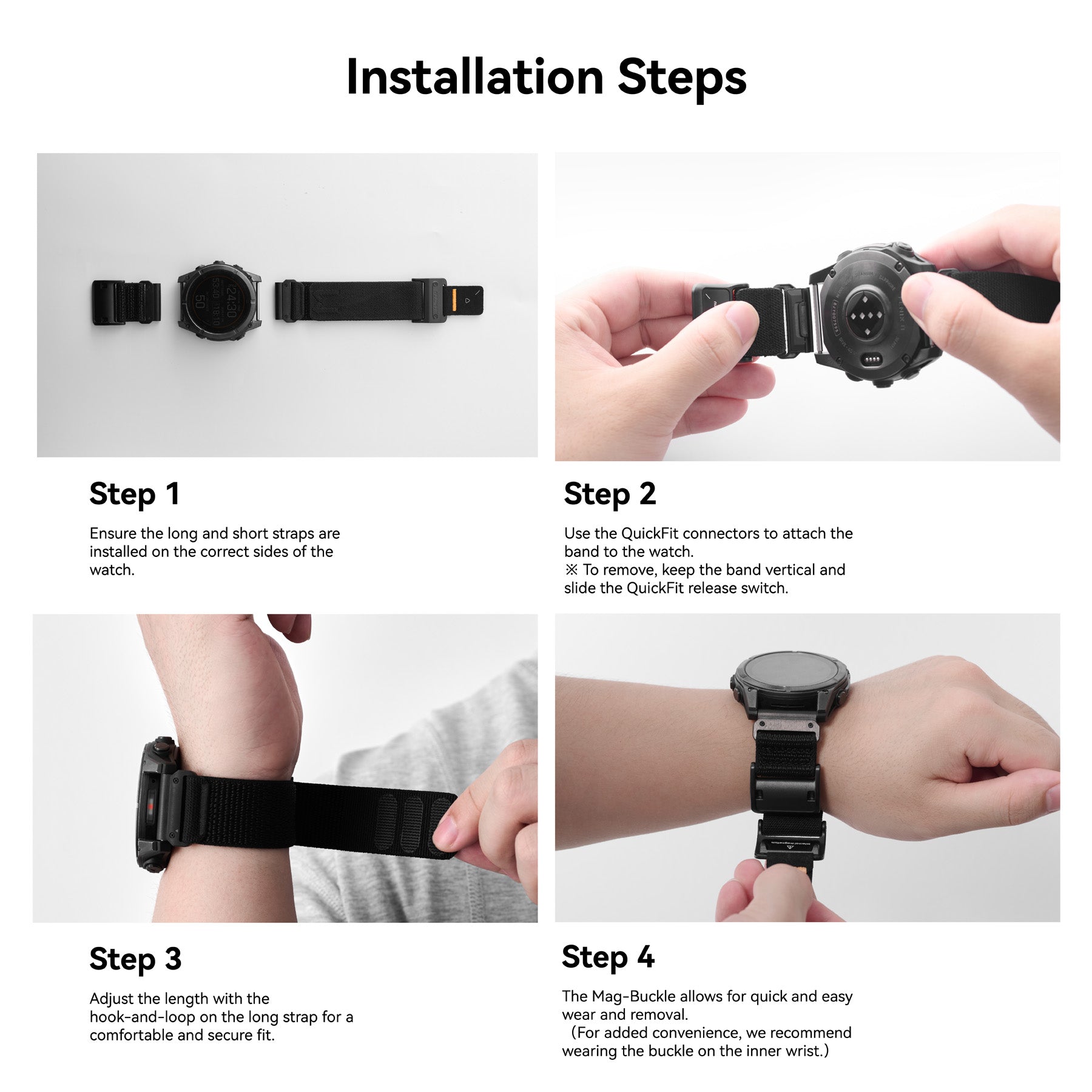 Installation steps for AULUMU C11 Mag Buckle Slim Band on Garmin watch, step-by-step graphic