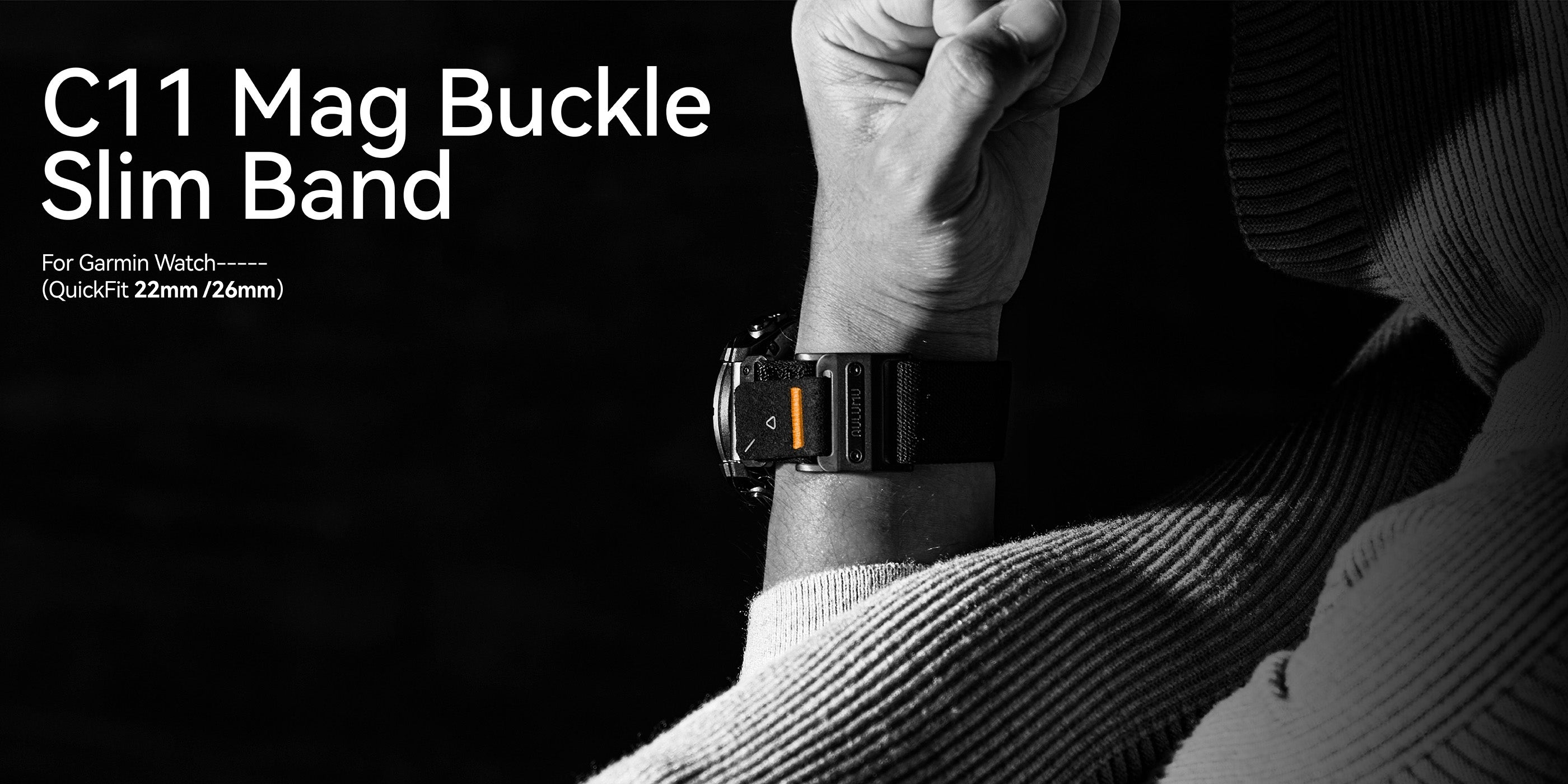 AULUMU C11 Mag Buckle Slim Band on wrist, black nylon strap for Garmin watch