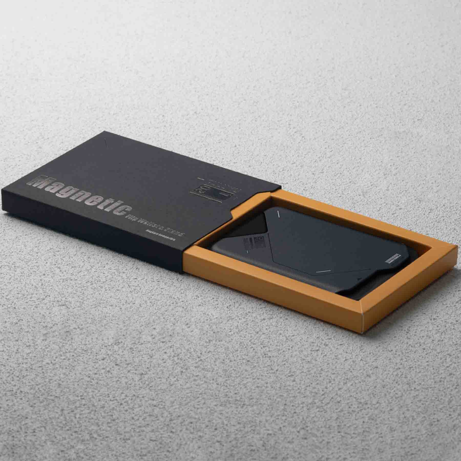 Close-up of AULUMU G02 Magnetic Flip Wallet gift box with the wallet presented inside.