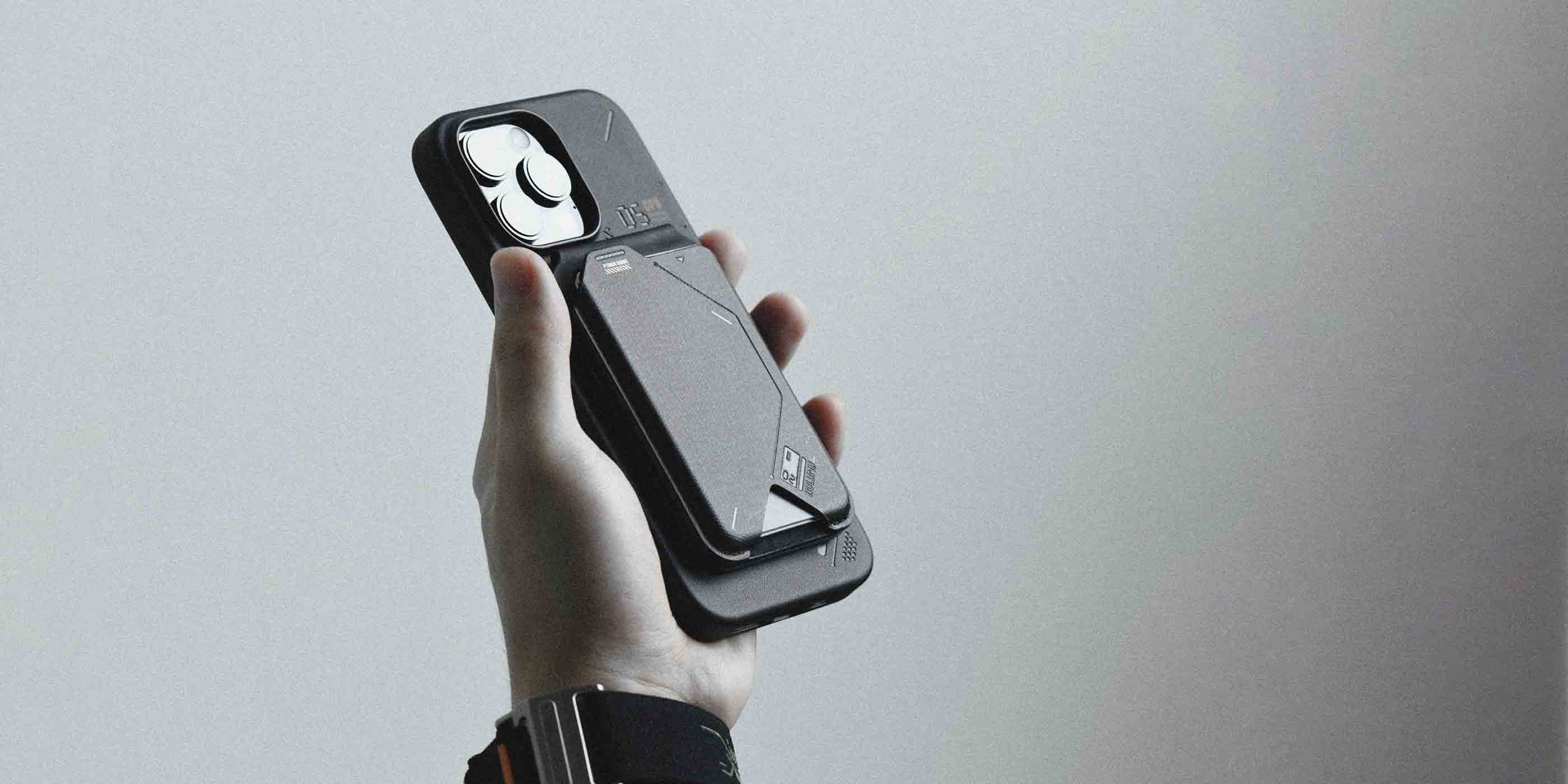 Side view of iPhone with AULUMU G02 Magnetic Flip Wallet showing how slim the combo looks in hand.