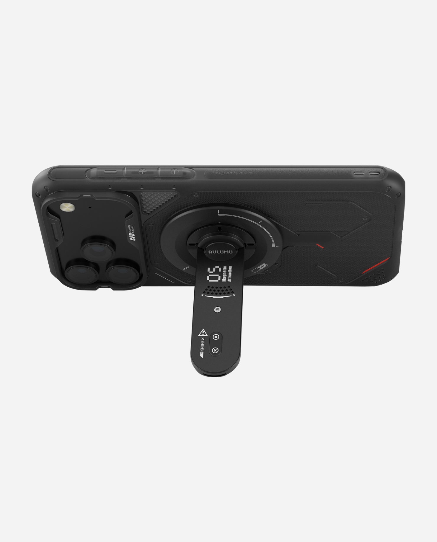 AULUMU G05 Air 5‑in‑1 MagSafe phone kickstand with integrated spinner and protractor shown in use.
